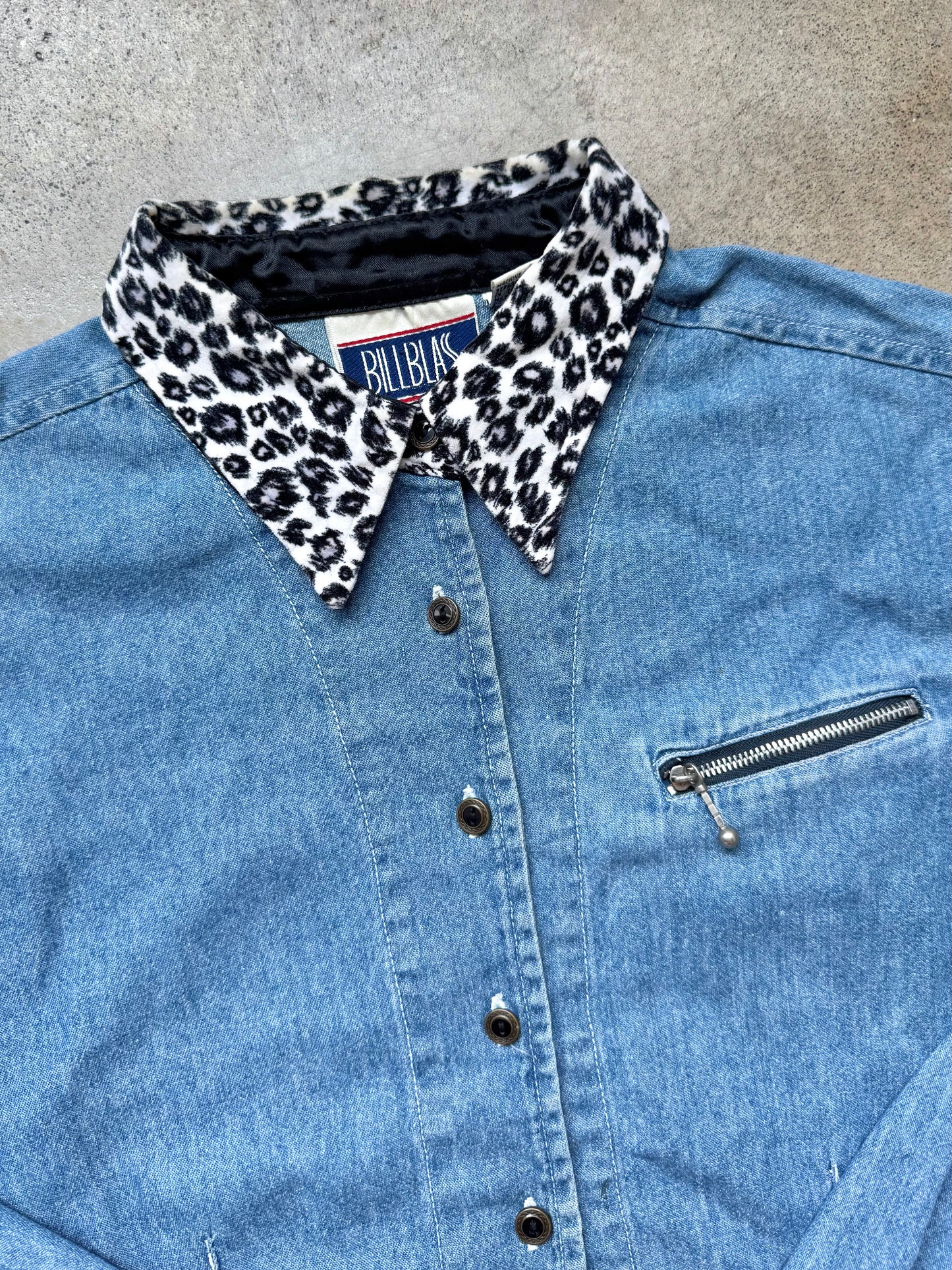 Vintage 1990s Bill Blass Leopard Print Trim Denim Shirt | Medium