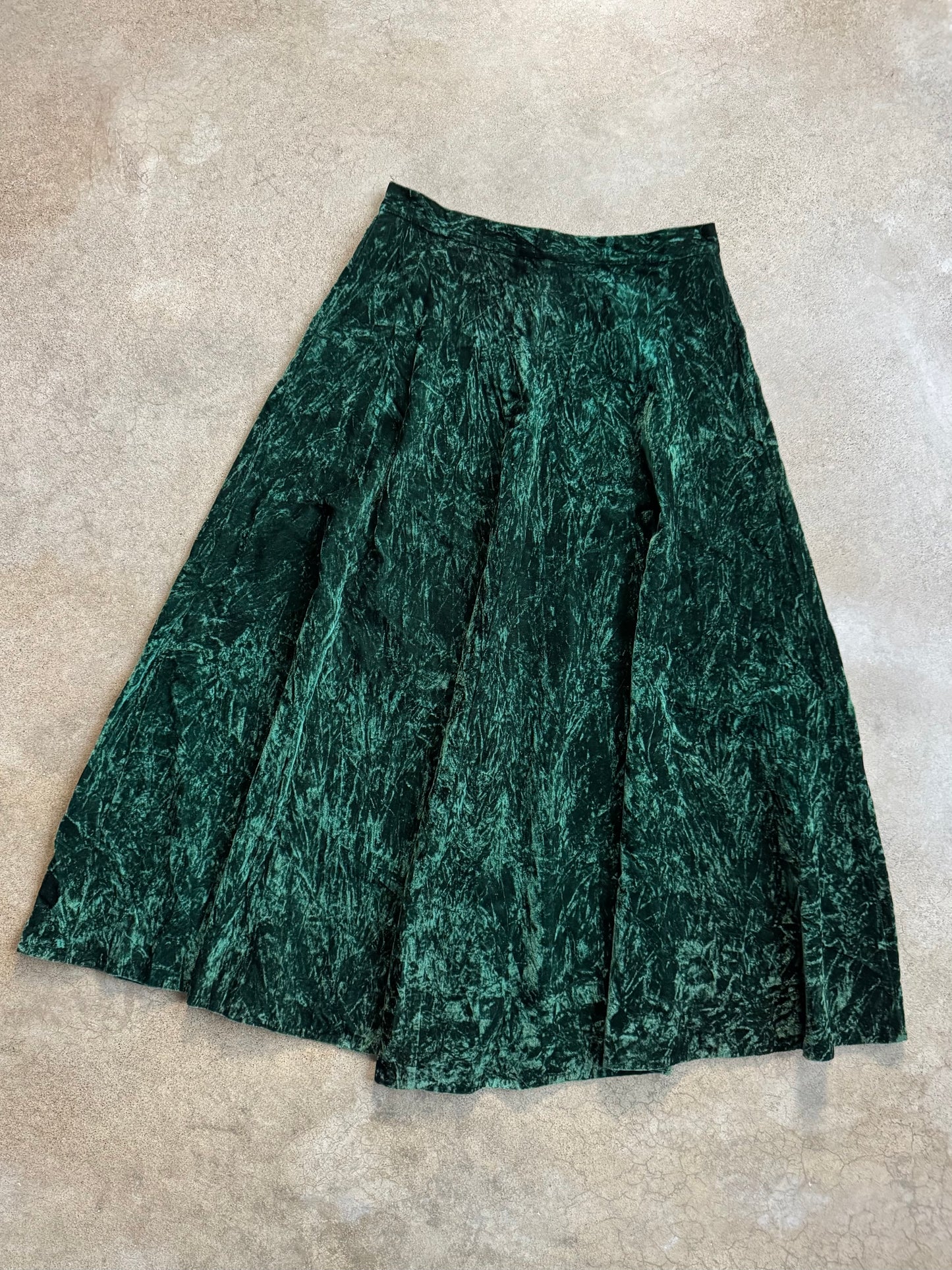 Vintage 1980s Green Crushed Velvet Maxi Skirt | Waist 28”