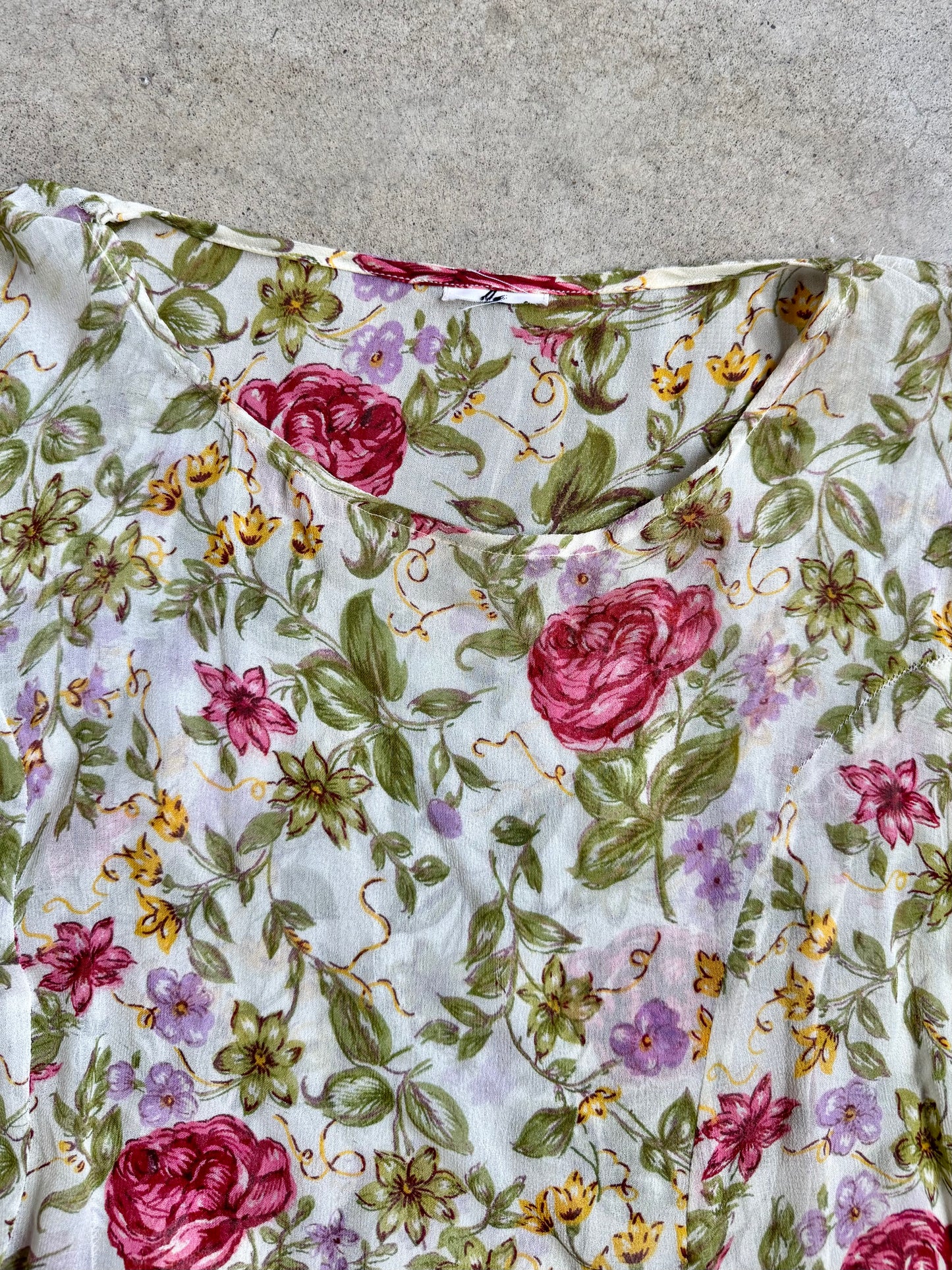 Vintage 1980s Sheer Floral Print Tie-Back Flutter Sleeve Summer Dress | M/L