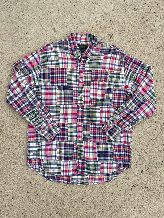 Vintage 1990s J. Crew Plaid Patchwork Button-Down Shirt | Large