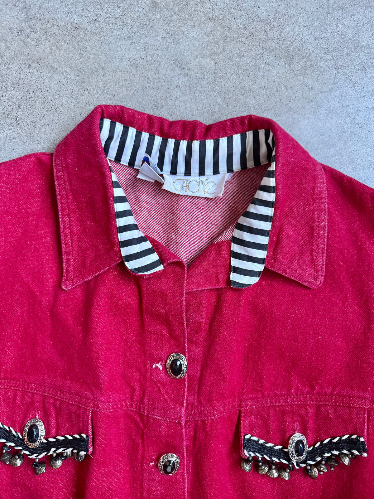 Vintage 1980s Caché Beaded Red Cropped Denim Jacket | Medium
