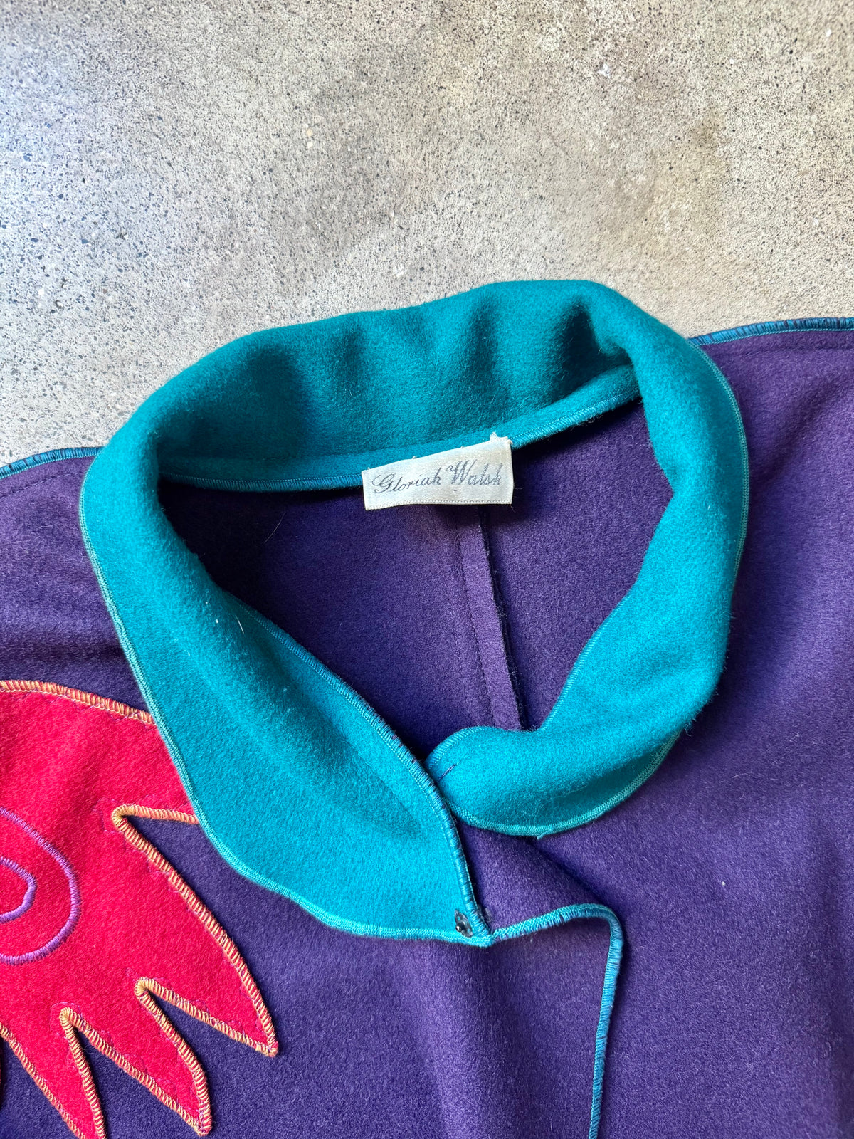 Vintage 1980s Gloria Walsh Purple Felted Wool Whimsical Hand Patch Embroidered Overcoat | L/XL