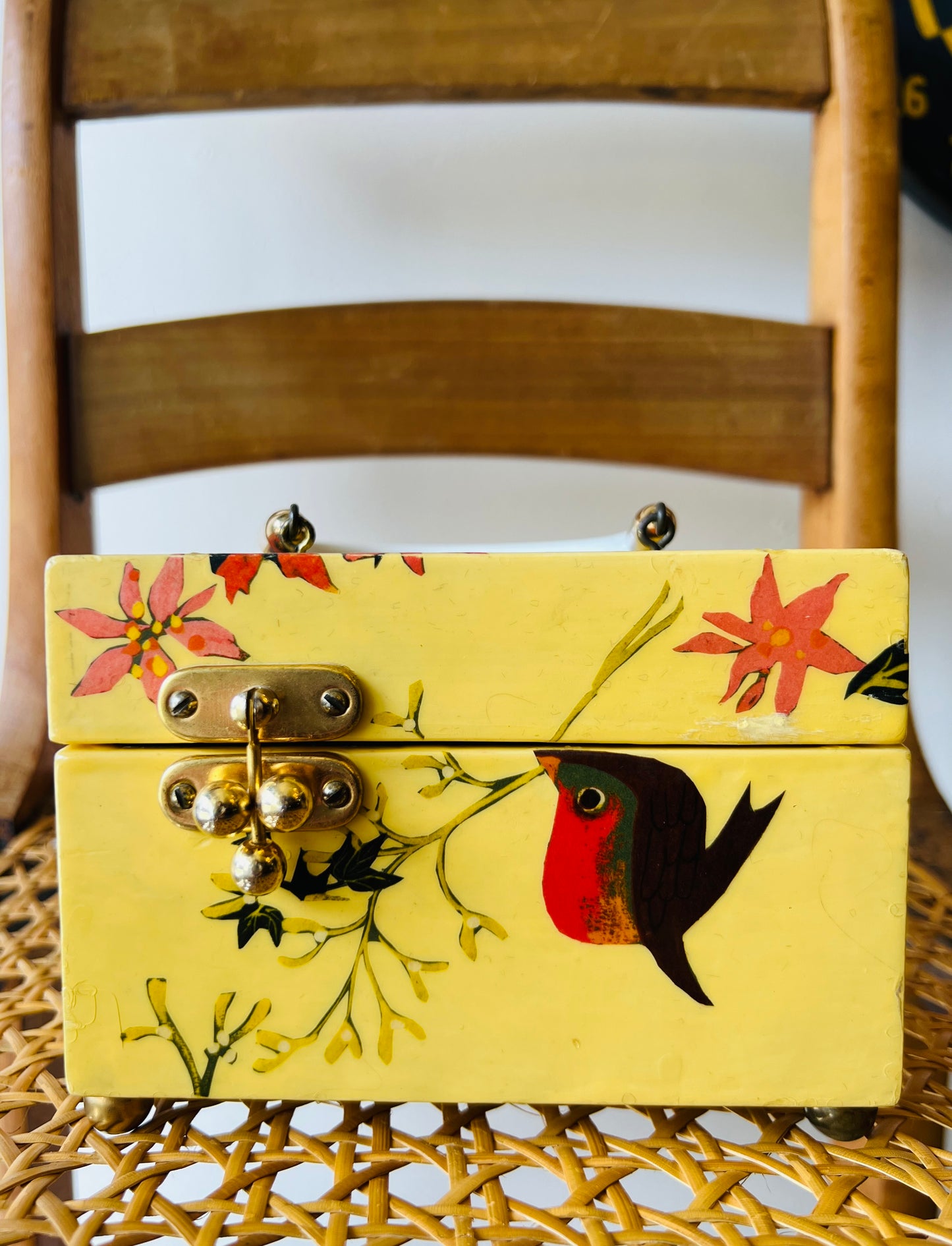 Vintage 1970s Bird Decoupage Wooden Box Purse