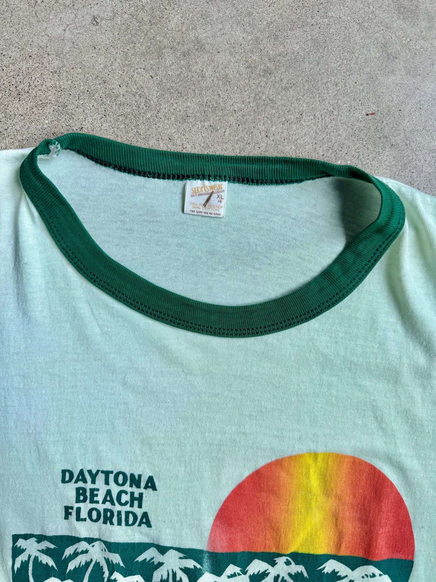 Vintage 1970s Daytona Beach Green Ringer Tee | XL