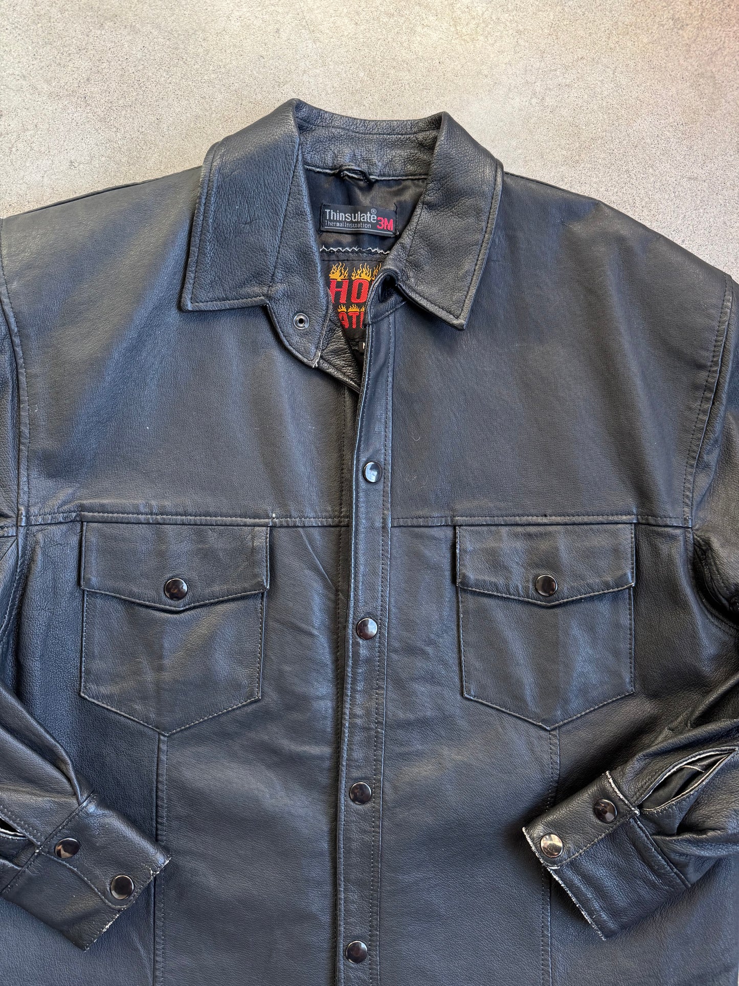 Vintage 1990s Hot Leathers Black Leather Button-Up Shirt Jacket | Medium