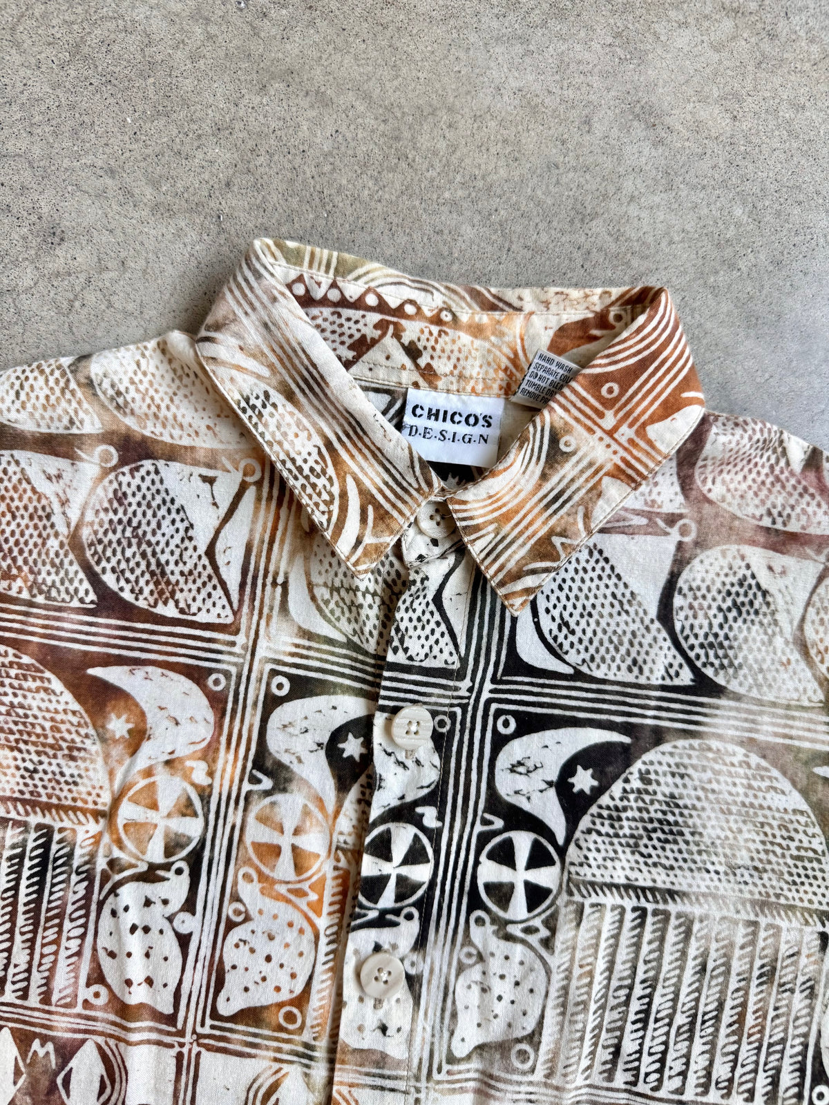 Vintage 1990s Chicos Design Tribal Block Print Cotton Shirt Jacket | Medium
