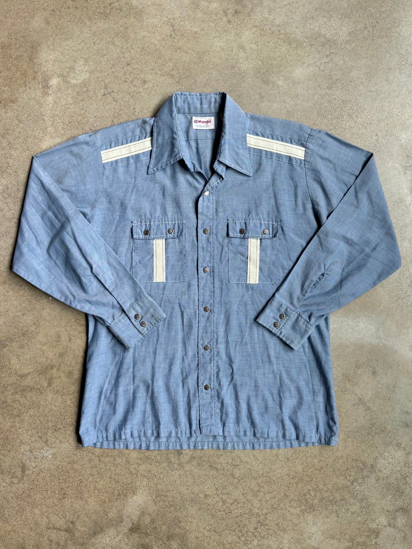 Vintage 1970s/80s Wrangler Chambray Striped Trim Western Shirt | Large