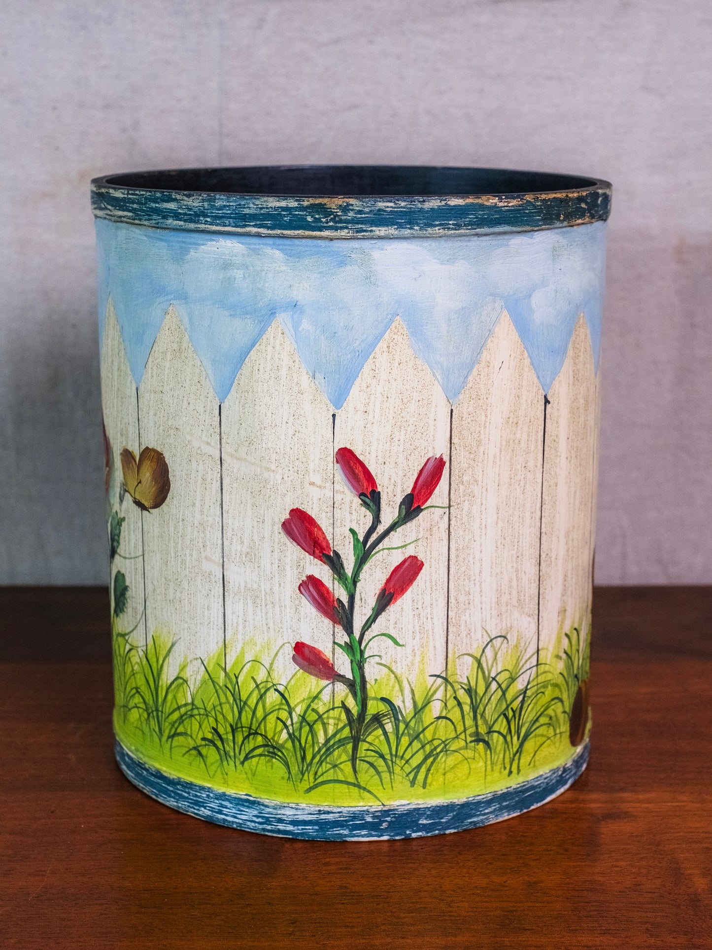 Vintage Italian Tole Hand-Painted Picket Fence Spring Flower Trash Bin