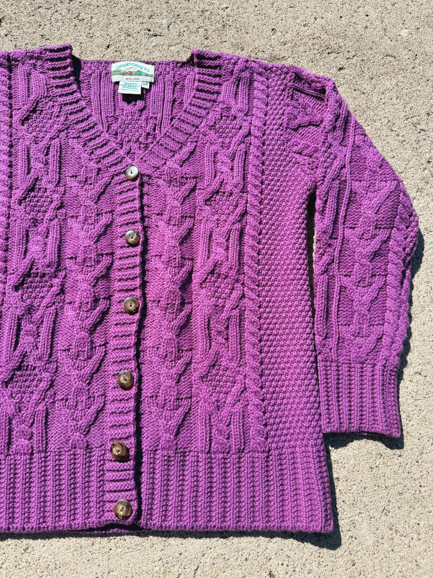 Vintage Aran Crafts Purple Cable Knit Wool Cardigan | Medium