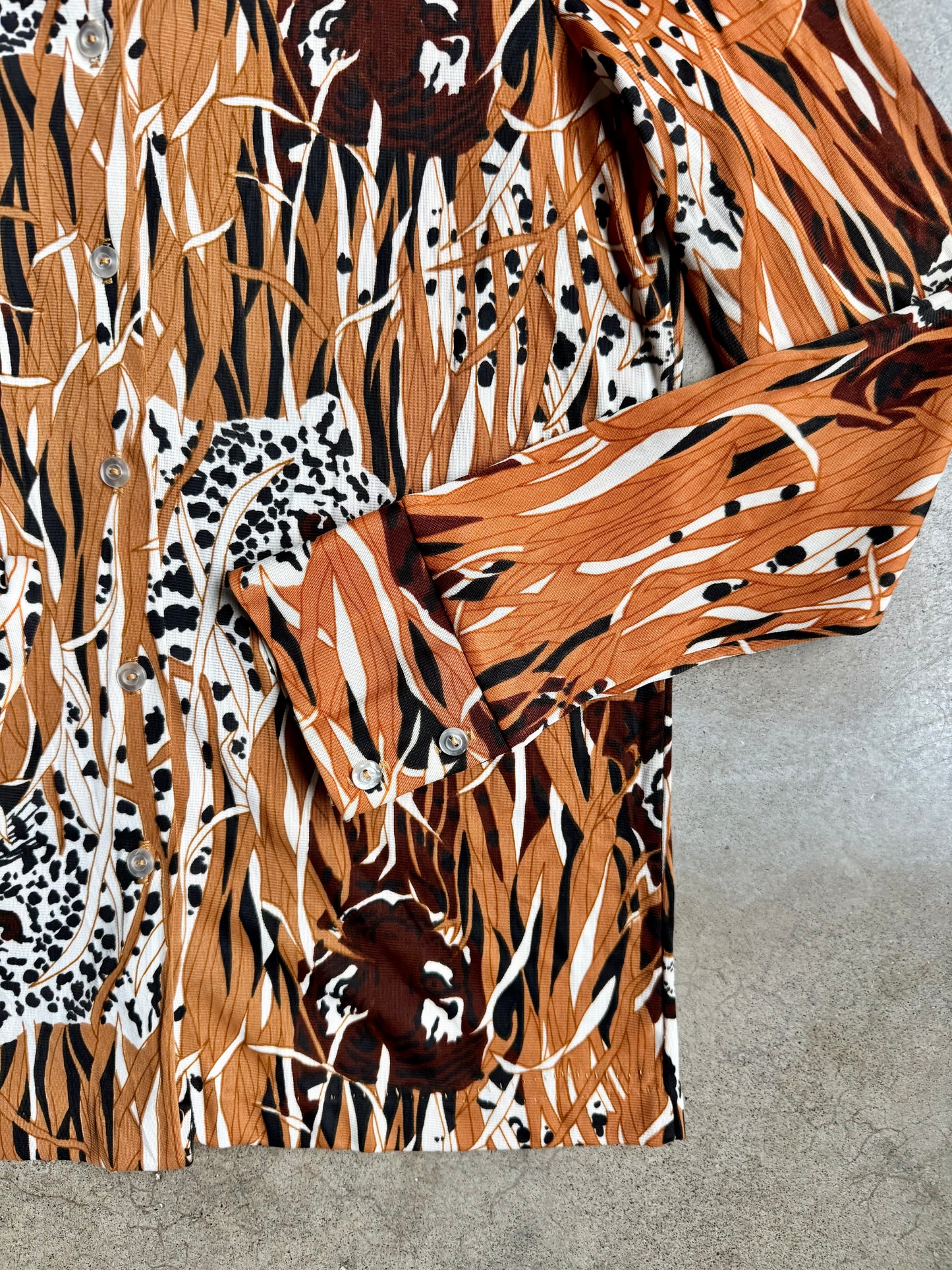 Vintage 1970s Leopard Novelty Print Button-Up Disco Shirt | S/M