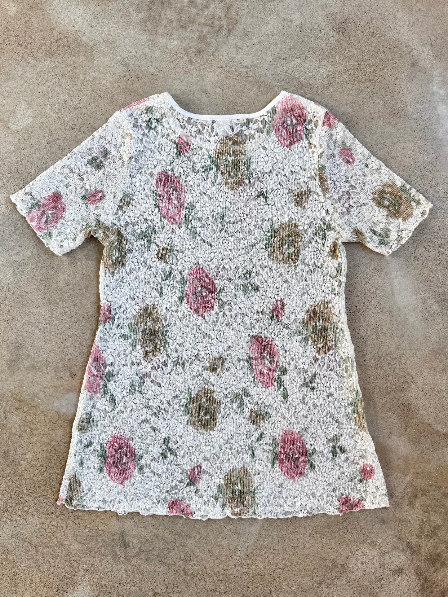 Vintage 1980s Elizabeth Floral Mesh Lace Short Sleeve Mini Dress | L/XL