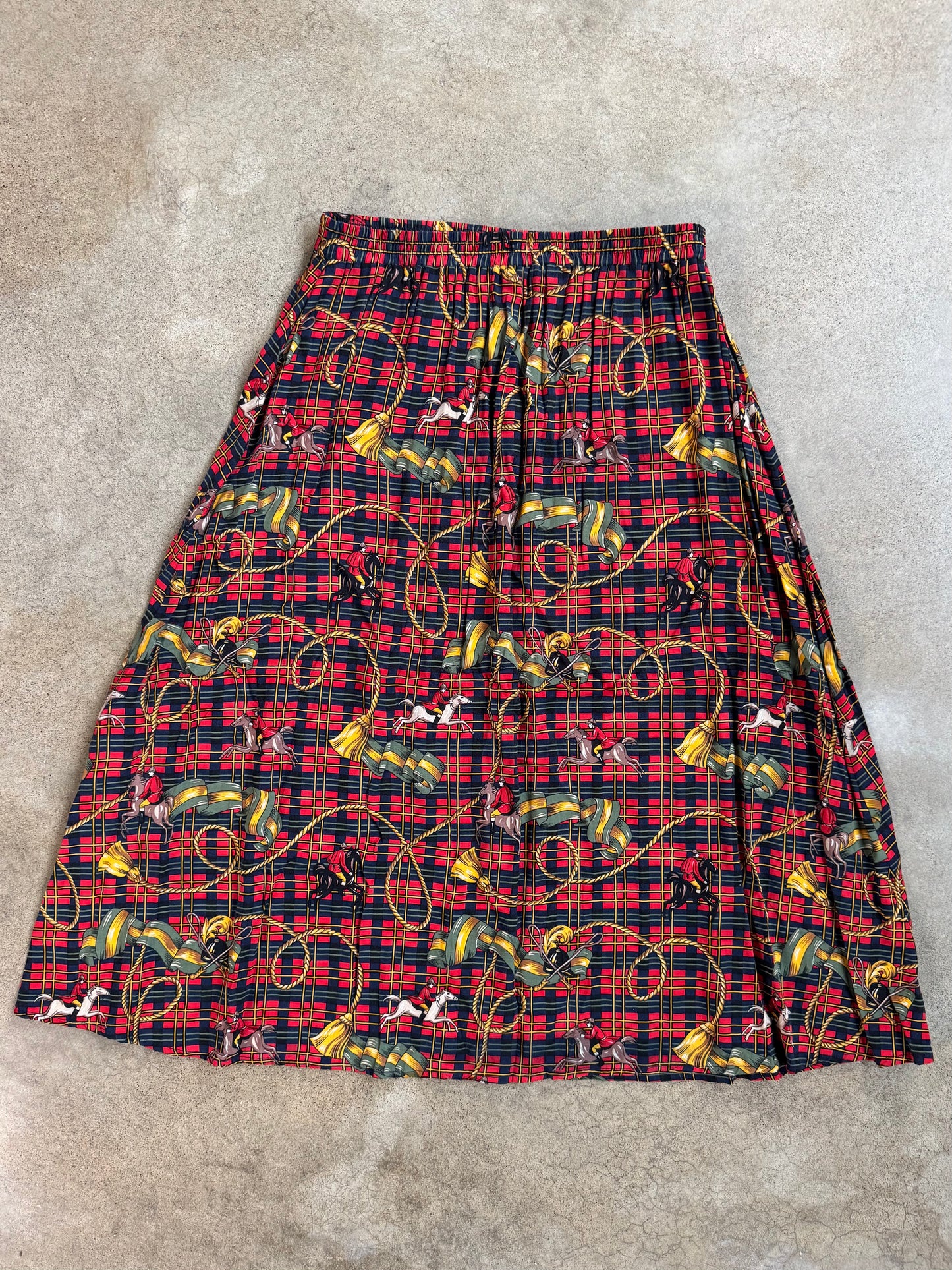 Vintage 1980s SK Wear Red Tartan Equestrian Print Two-Piece Skirt Suit | Large
