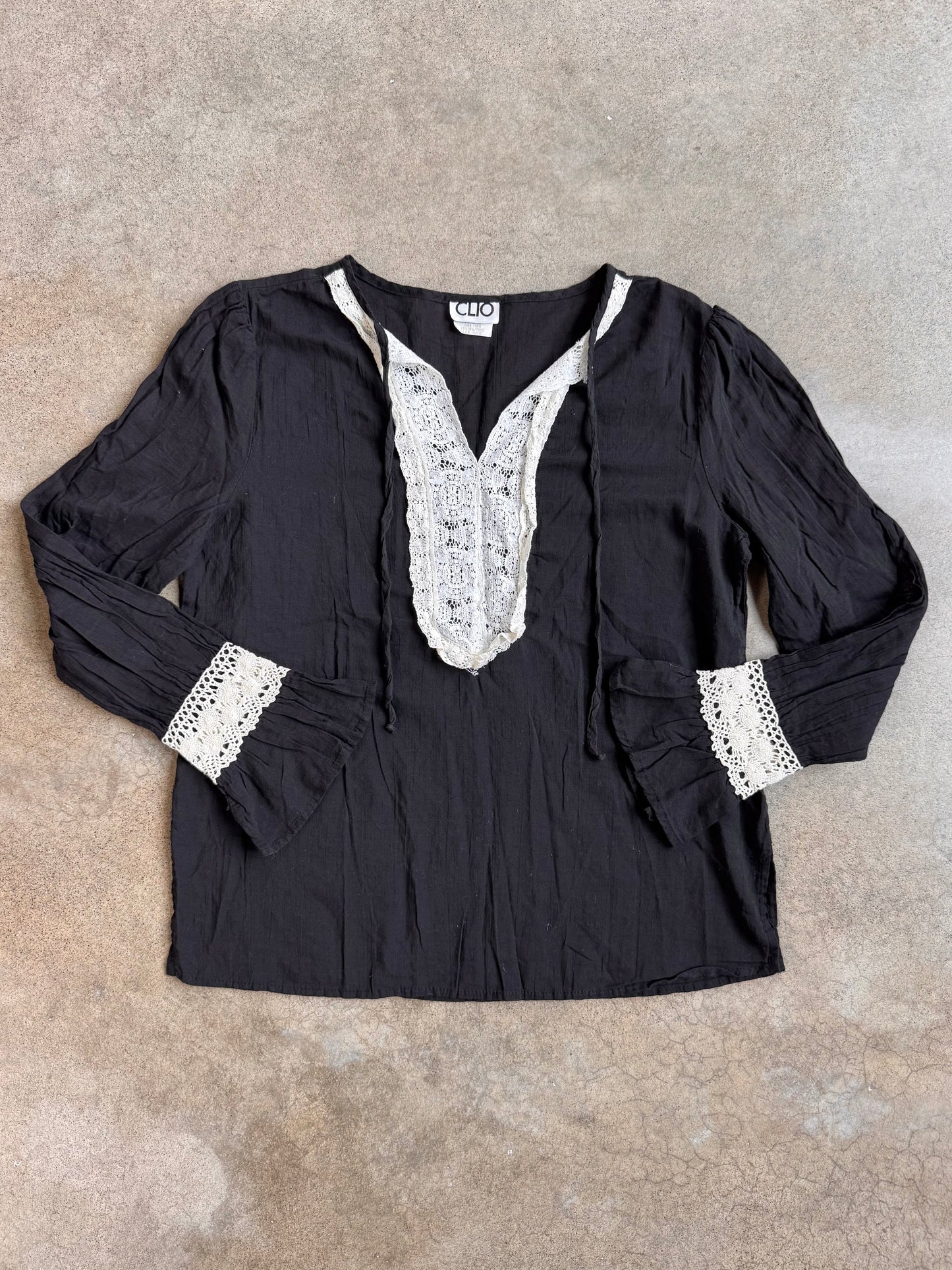 Vintage 1970s Clio Black Crochet Lace Cotton Tunic Blouse | Large