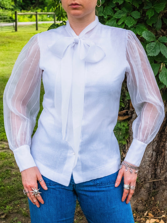 Vintage 1960s Judy Bond White Pussy-Bow Sheer Sleeve Blouse | S/M