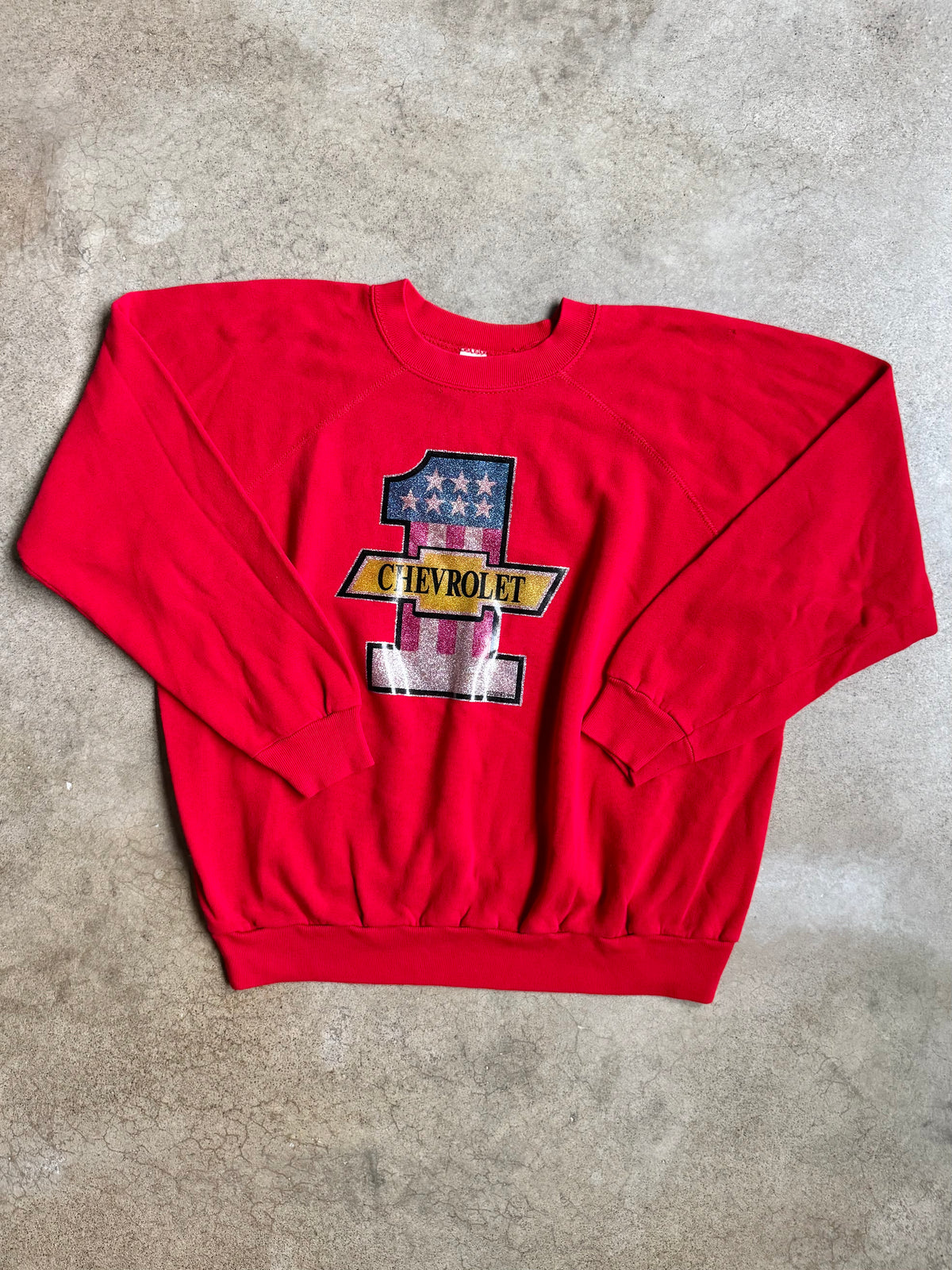 Vintage 1978 Chevrolet Glitter Graphic Red Raglan Sweatshirt | XL