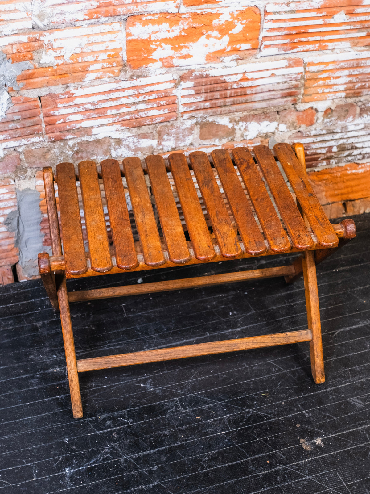 Vintage 1940s Take-Along Travel Chair Co. Slatted Wood Folding Bench Stool