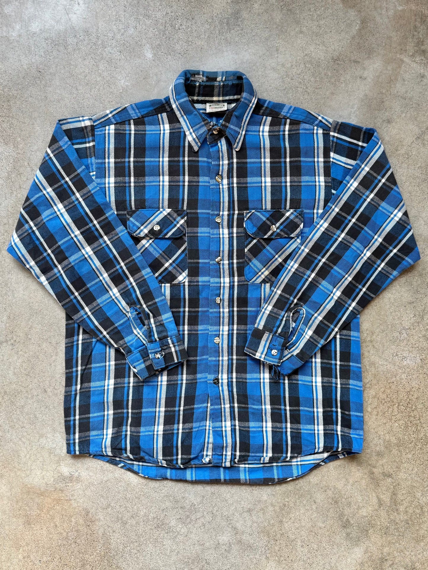 Vintage 1990s Five Brother Distressed Blue Plaid Cotton Flannel Shirt | Large
