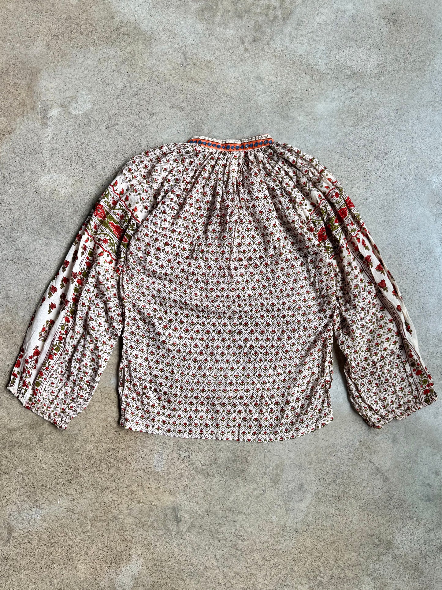 Vintage 1990s Indian Floral Block Print 100% Cotton Peasant Blouse | Small