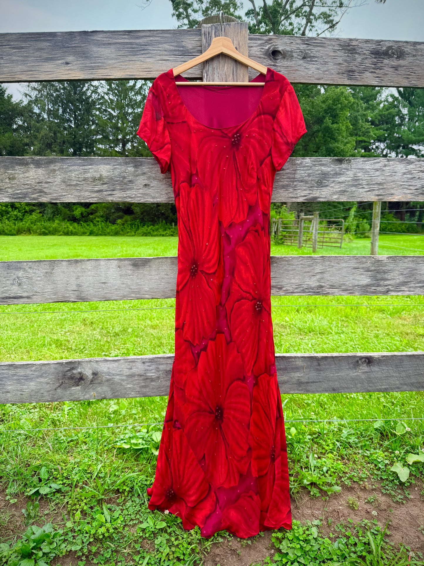 Vintage 1990s Red & Pink Floral Sequined Silk Short Sleeve Maxi Dress | Large