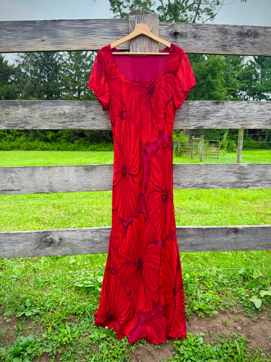 Vintage 1990s Red & Pink Floral Sequined Silk Short Sleeve Maxi Dress | Large