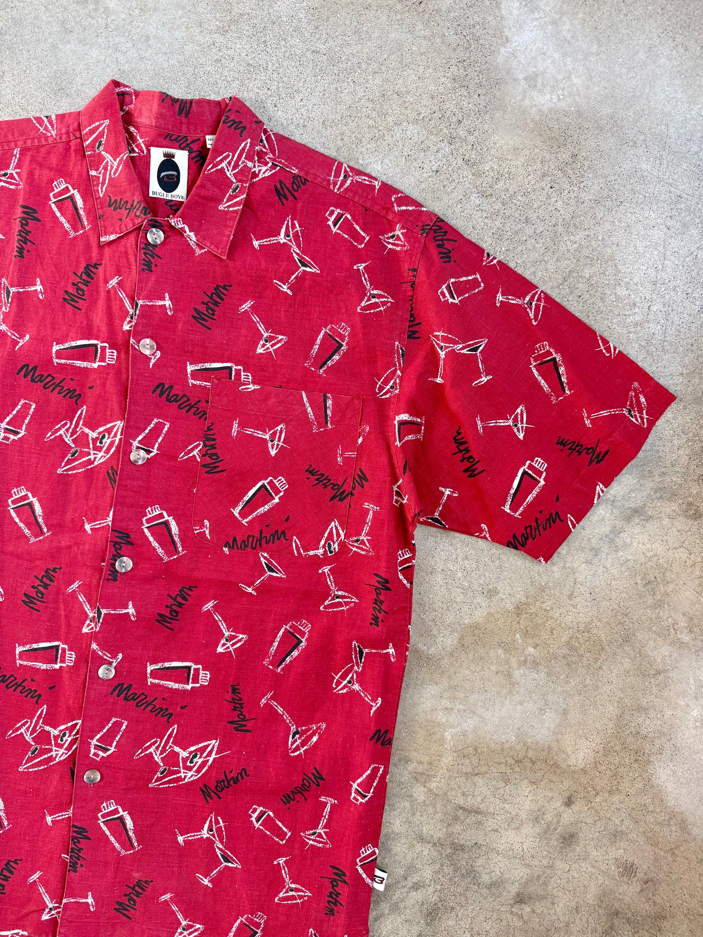 Vintage 1990s Bugle Boy Red Martini Pattern Short Sleeve Shirt | Medium