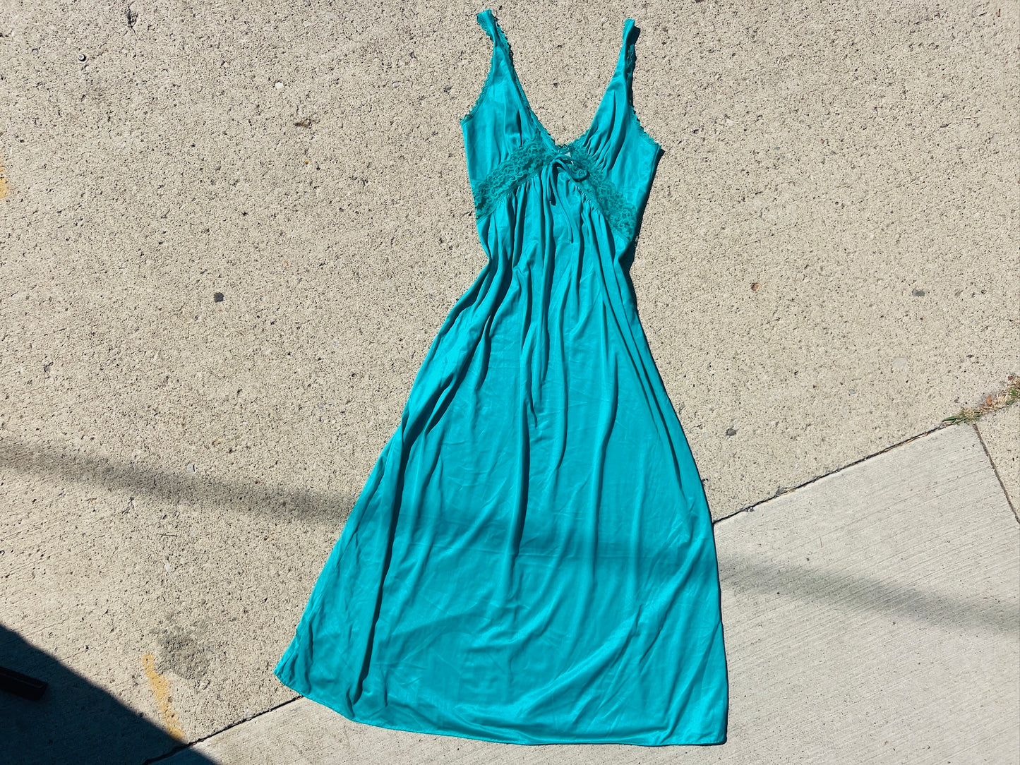 Vintage 1970s Teal Lace Maxi Slip Dress