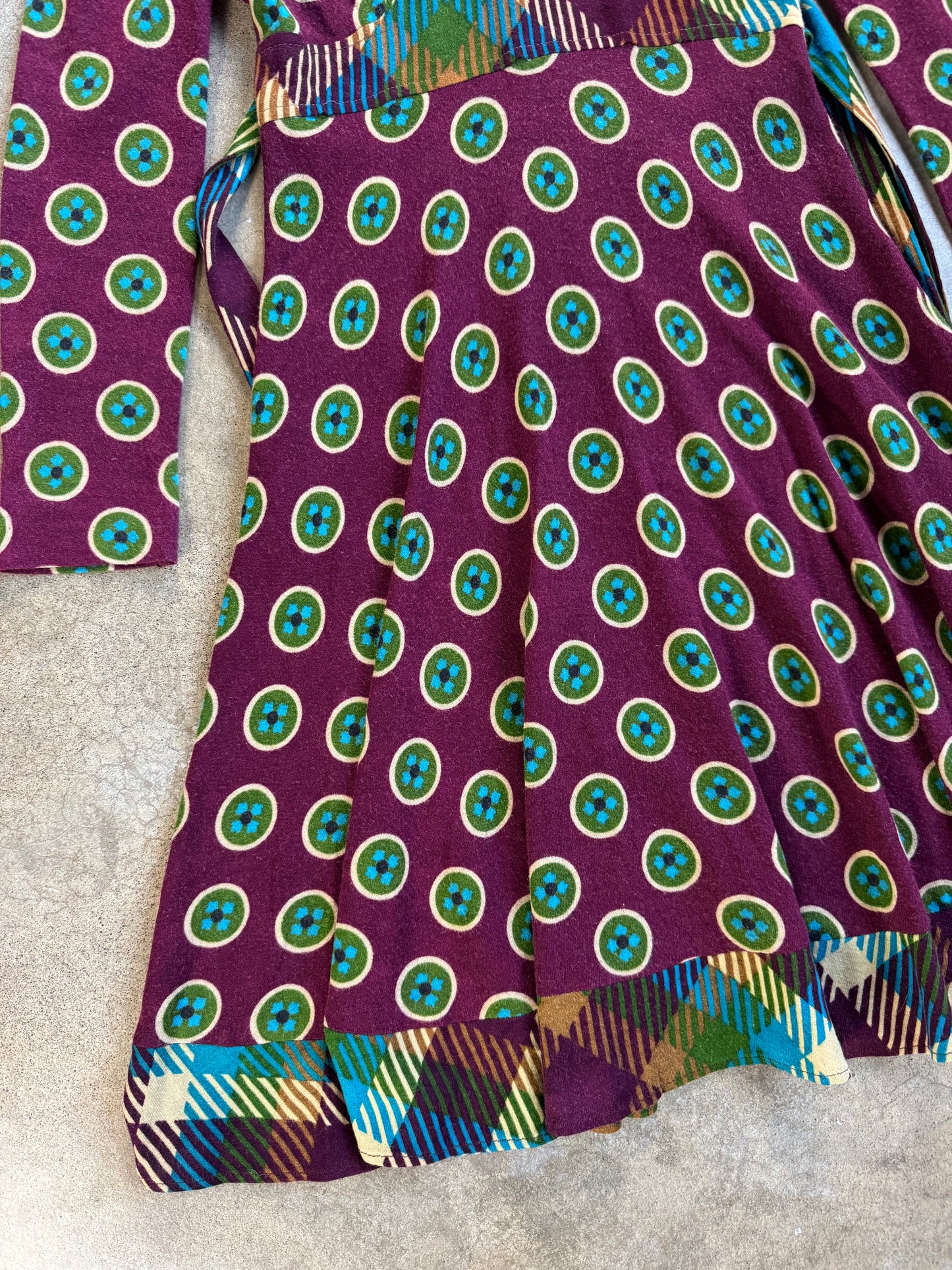 Vintage 1960s Mindy Malone Burgundy Multi-Pattern Collared Dress | XS