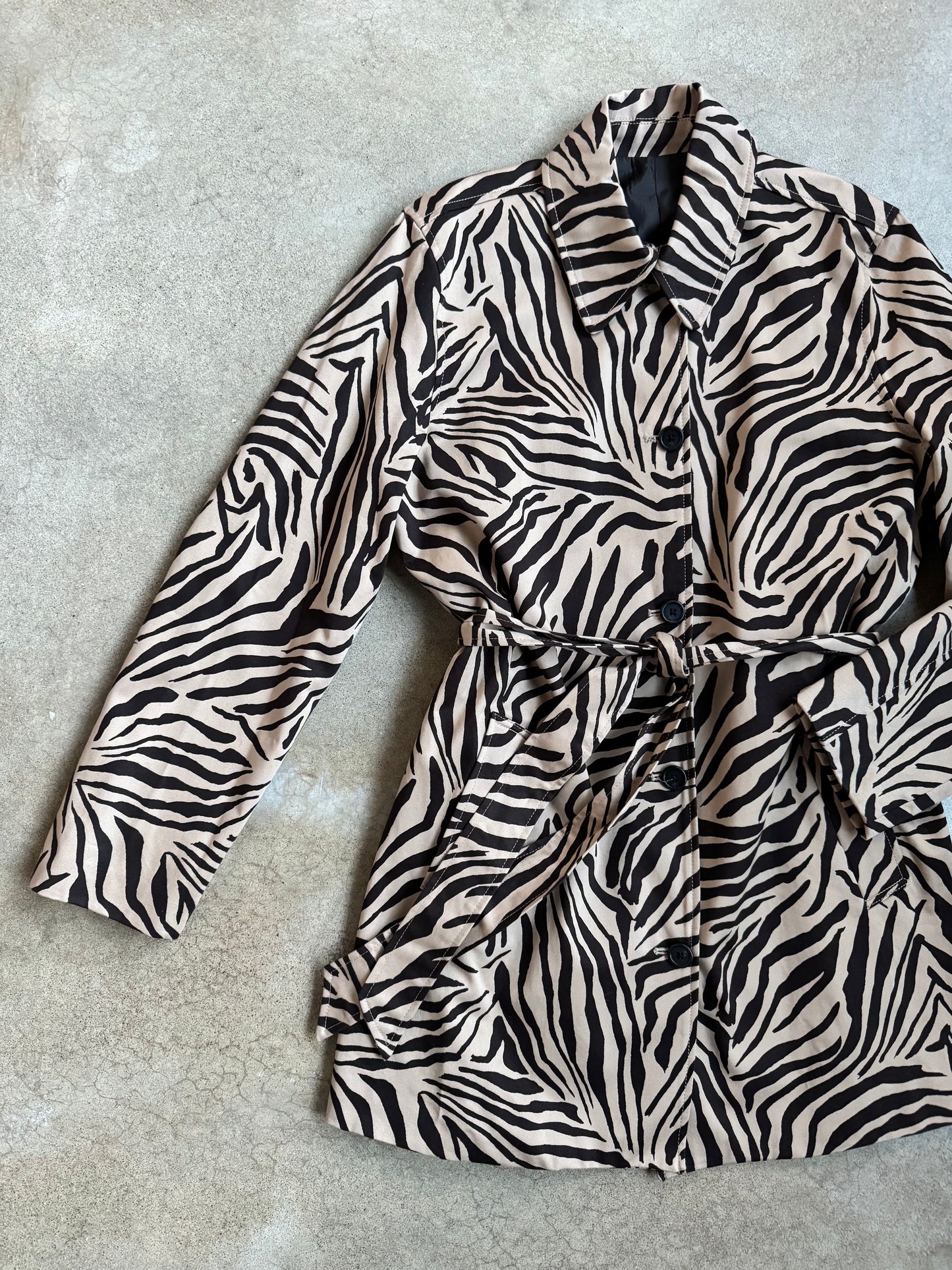 Vintage 1990s Brown Zebra Print Short Trench Coat | Medium