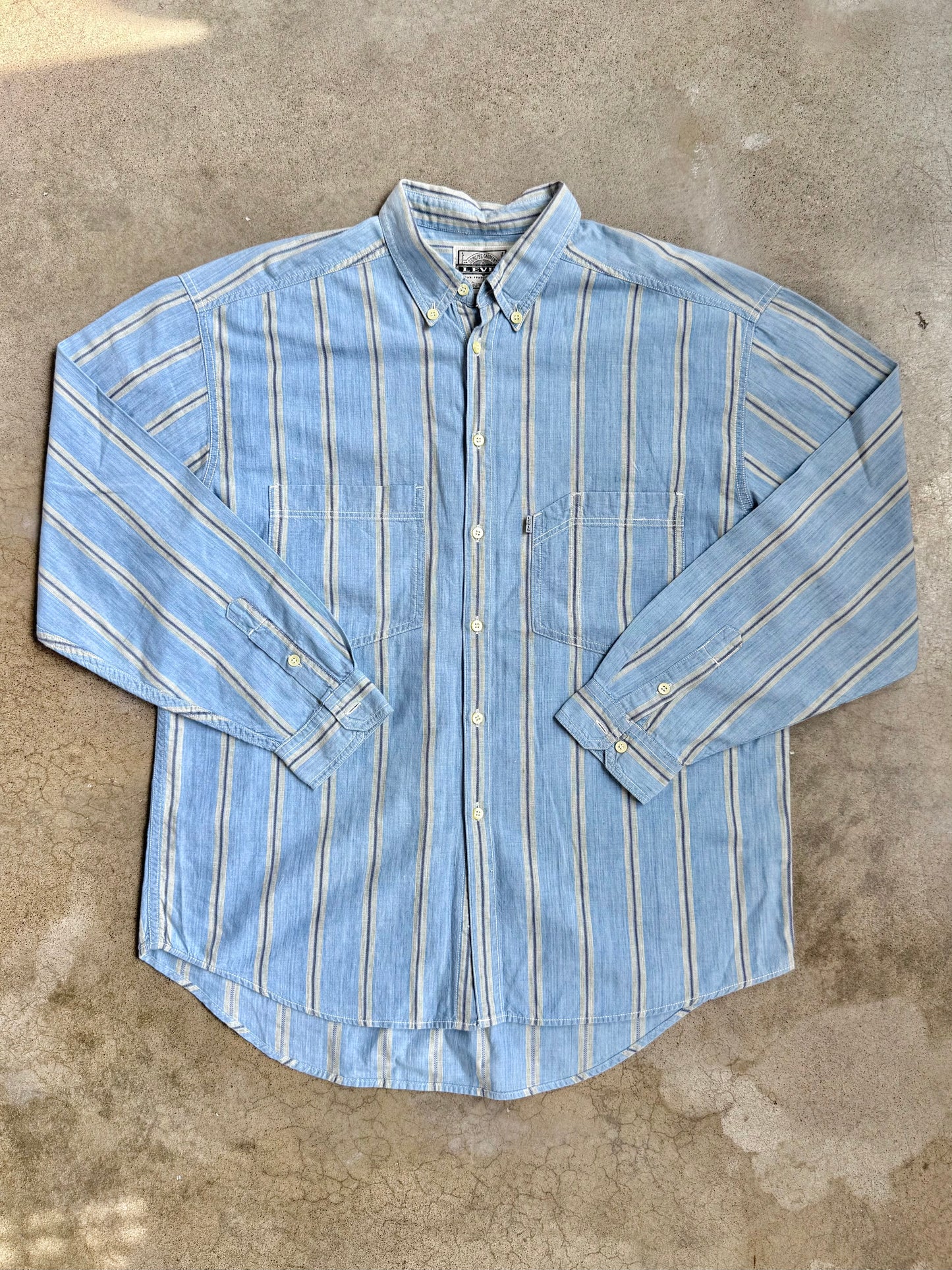Vintage 1990s Levi’s Blue Striped Cotton Button-Down Shirt | Large