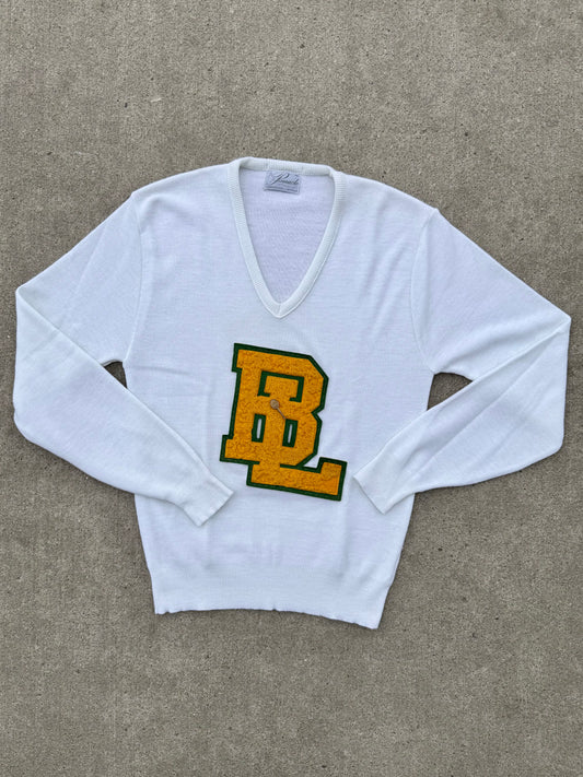 Vintage 1970s Pinnacle White V-Neck Sweater w/ Tennis Letterman Patch | Medium
