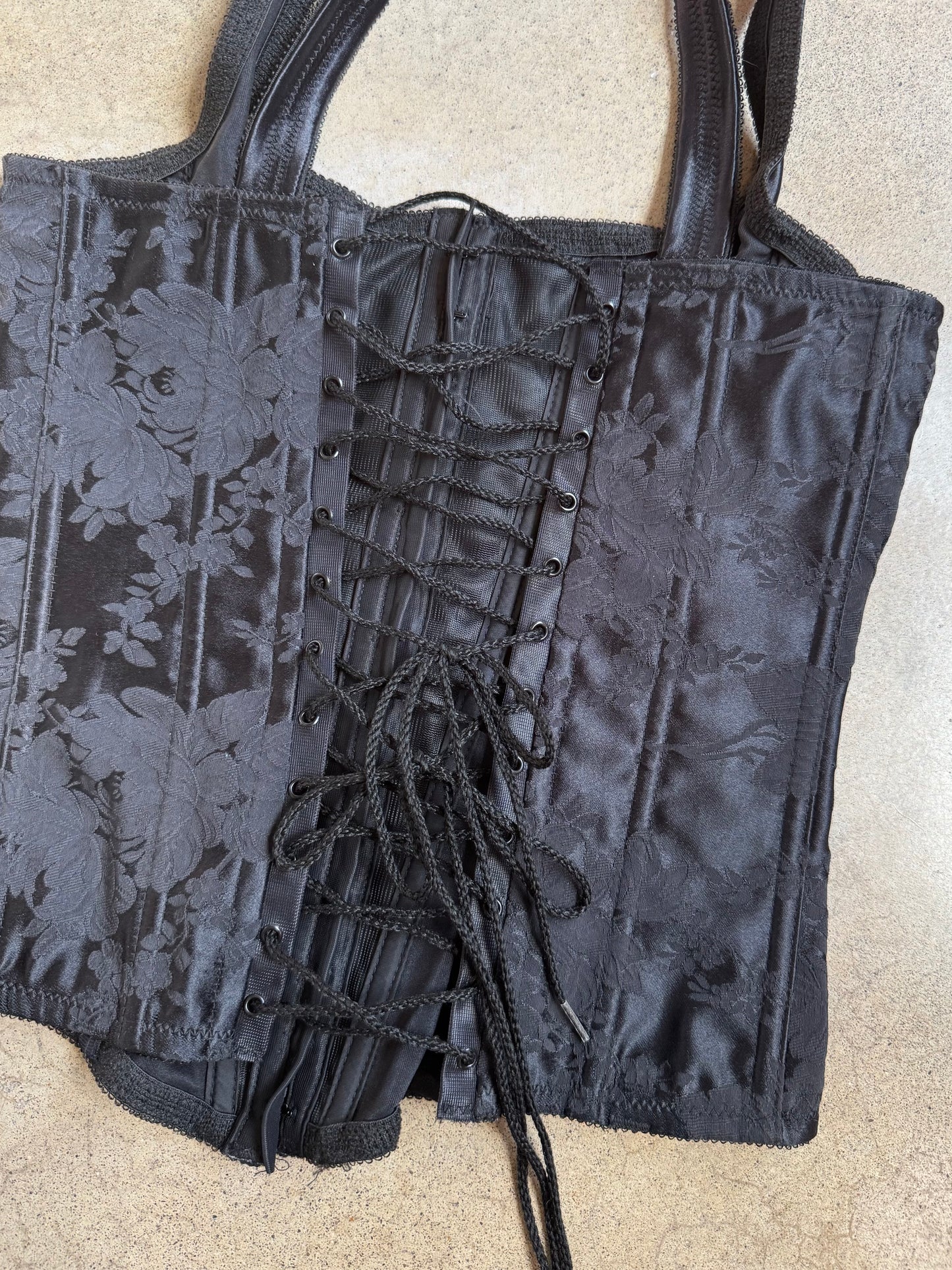 Vintage 1970s Black Satin Floral Jacquard Corset Top | 34