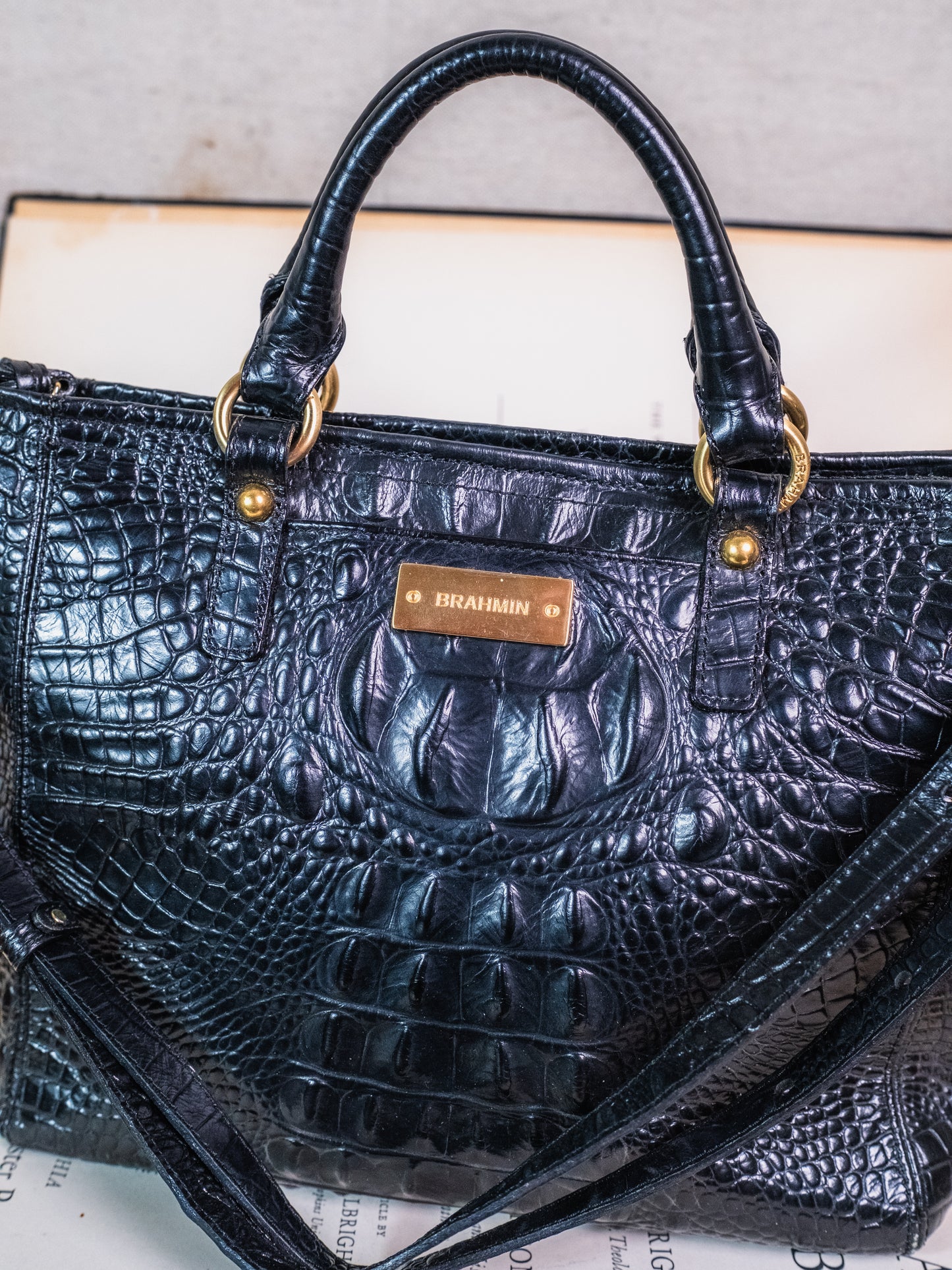 Brahmin Mini Arno Tote Black Croc Embossed Leather Bag
