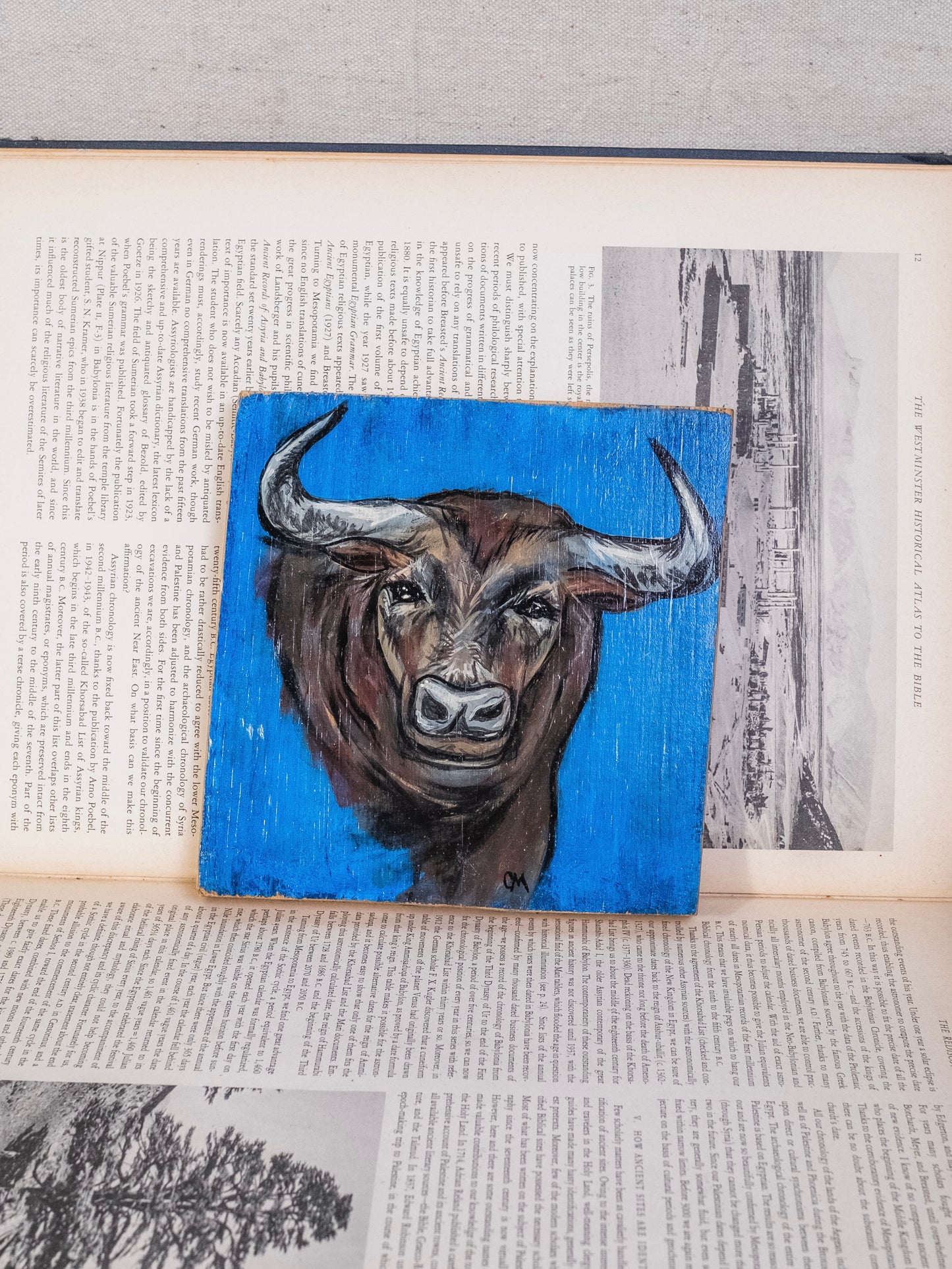 Vintage Hand-Painted Bull Oil on Wood Artwork
