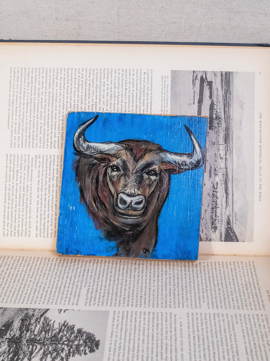 Vintage Hand-Painted Bull Oil on Wood Artwork
