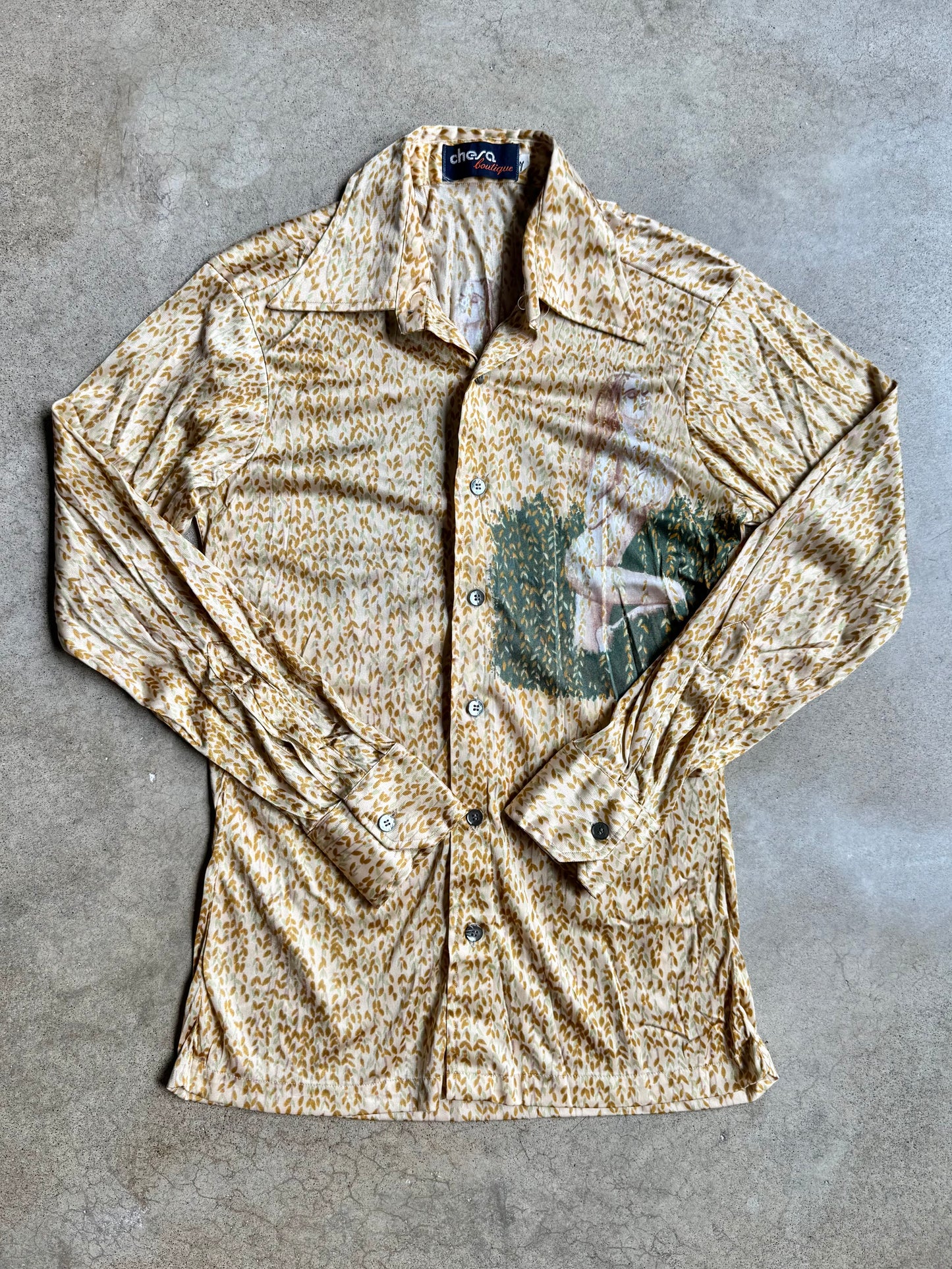 Vintage 1970s Chesa Boutique “Garden Goddess” Leaf Printed Disco Shirt | Medium
