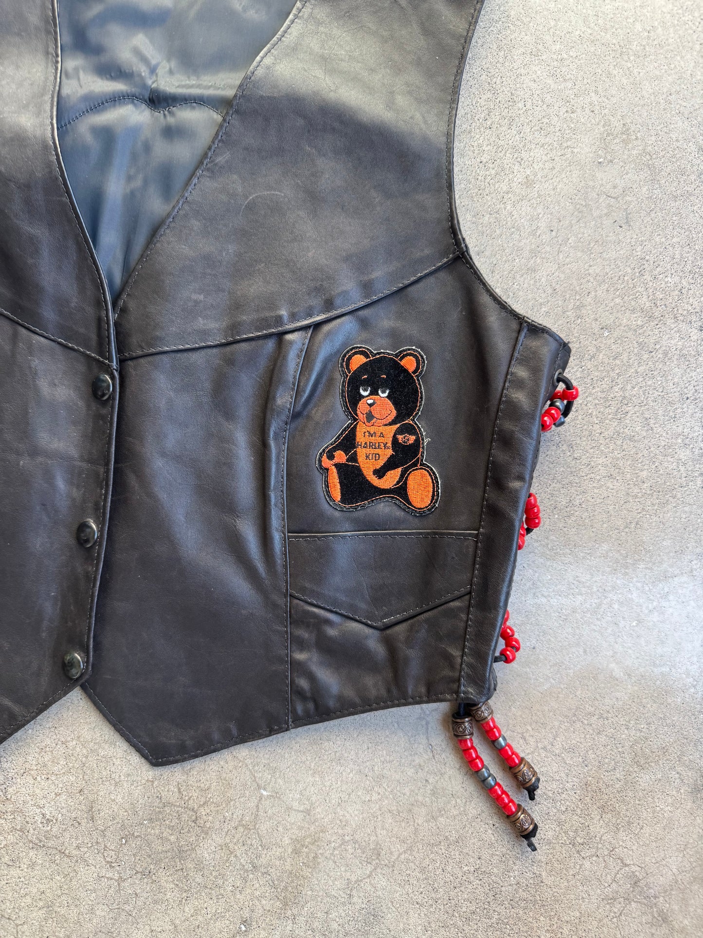 Vintage 1970s Black Leather Beaded Lace-Up Harley Patched Vest | XL