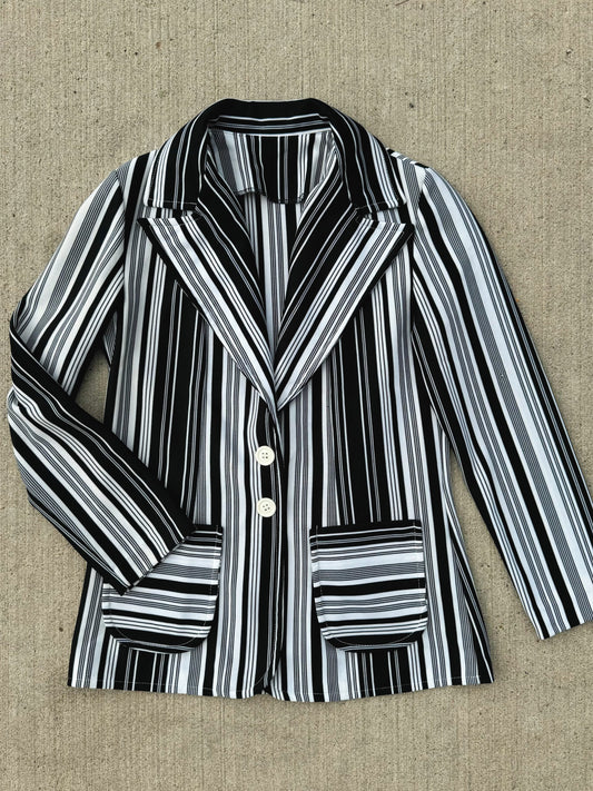 Vintage 1970s Black & White Striped Polyester Blazer