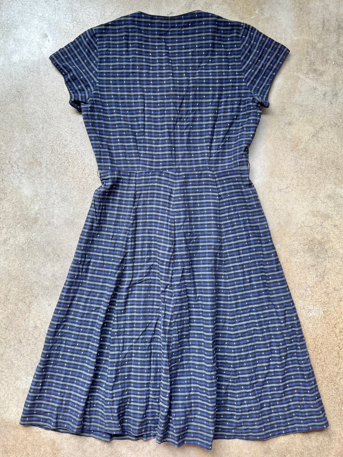 Vintage 1950s Berkshire Navy Swiss Dot Plaid Short Sleeve Button-Front Dress | XS