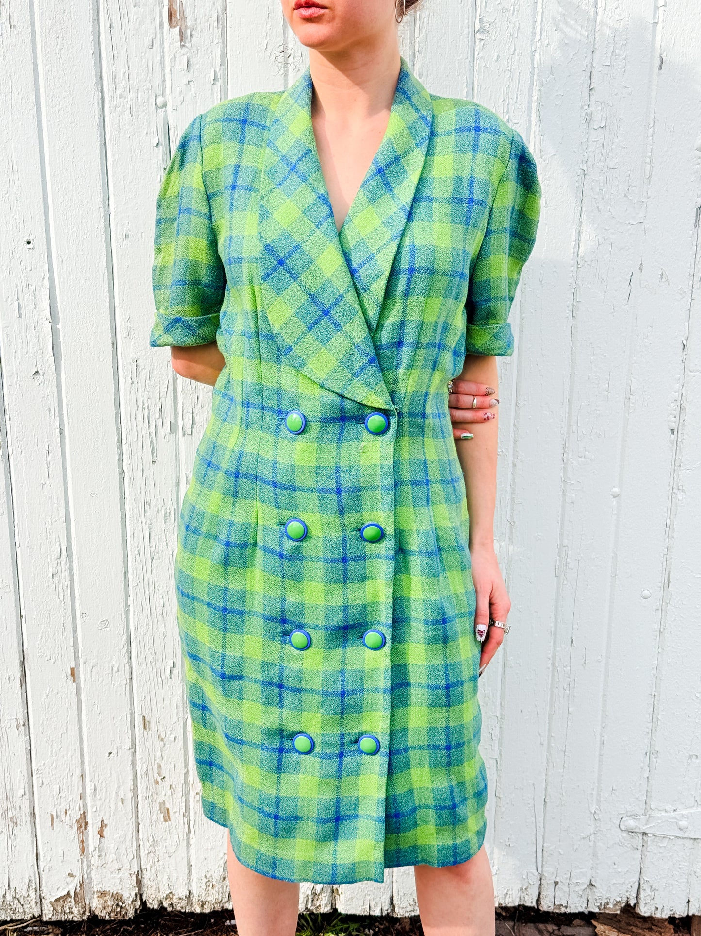 Vintage 1980s Virgo II Green & Blue Plaid Short Sleeve Button-Front Dress | Large