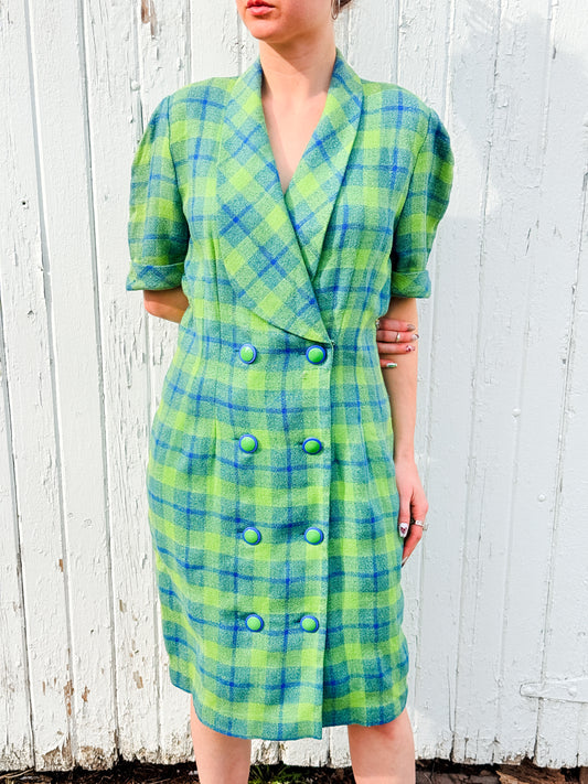 Vintage 1980s Virgo II Green & Blue Plaid Short Sleeve Button-Front Dress | Large