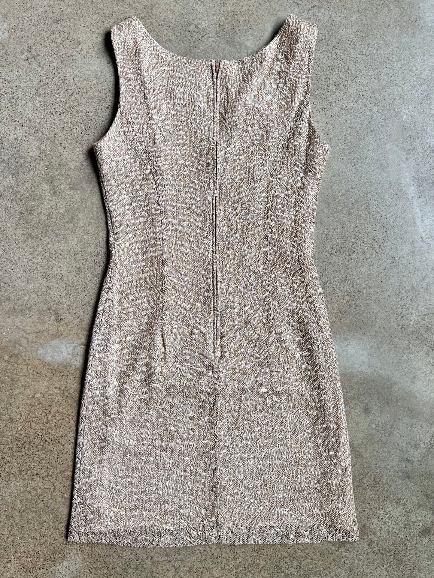 Vintage 1990s Onyx Nite Cream & Gold Metallic Crochet Dress | Medium