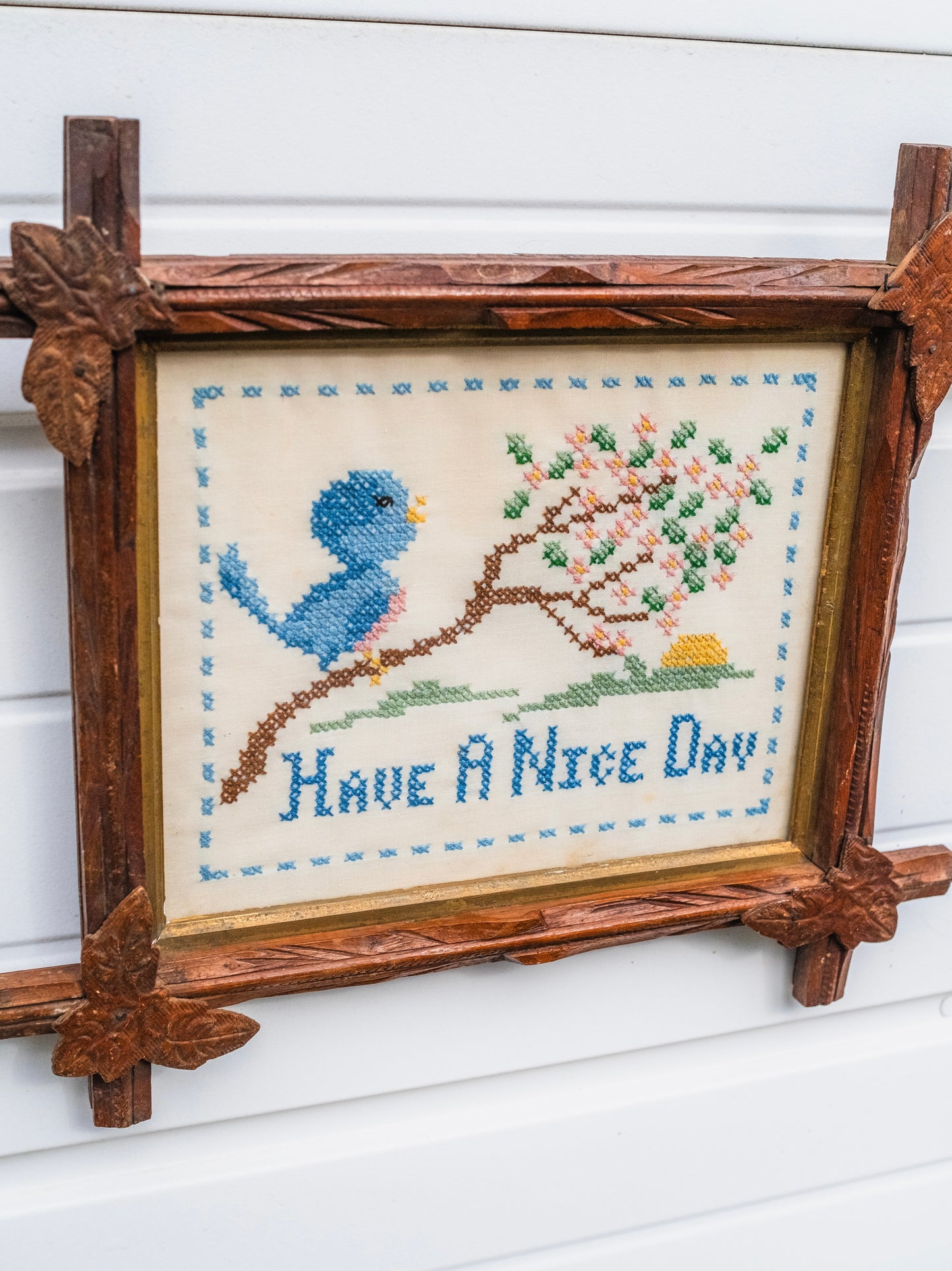 Vintage 1950s Oak Leaf Framed "Have a Nice Day" Blue Bird Cross Stitch Artwork