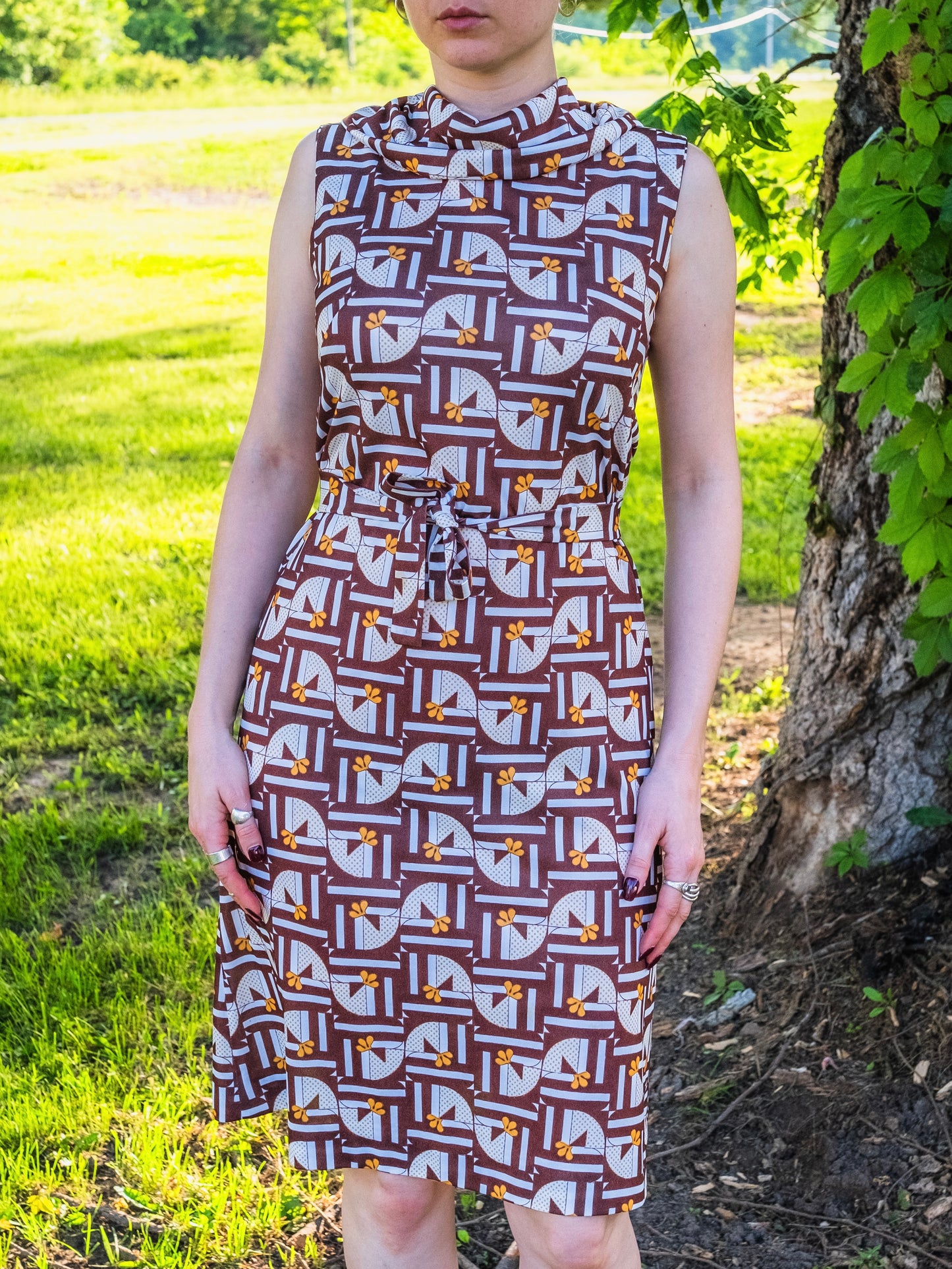 Vintage 1960s Handmade Brown & Yellow Geometric Floral Mod Dress | S/M