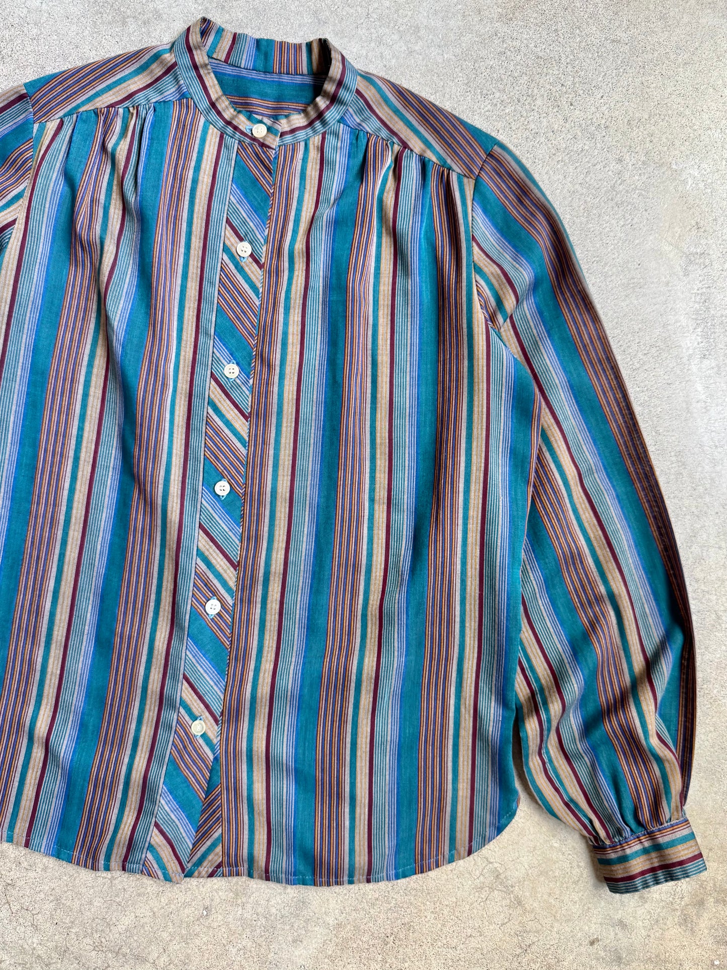 Vintage 1980s Cool-Tone Striped Band Collar Blouse | Medium