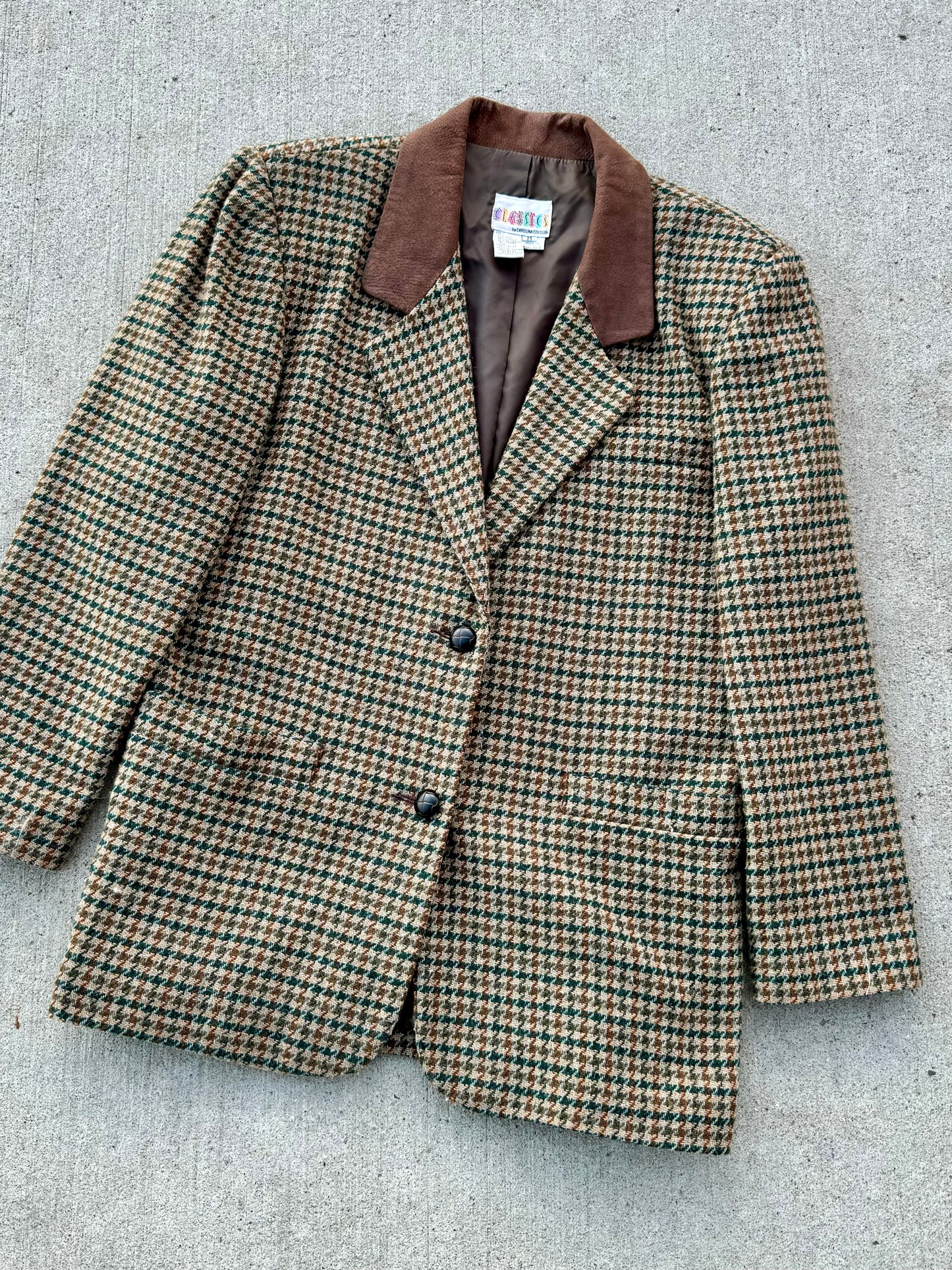 Vintage 1990s Leather Collar Houndstooth Wool Blazer | Medium