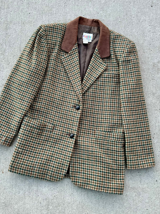 Vintage 1990s Leather Collar Houndstooth Wool Blazer | Medium