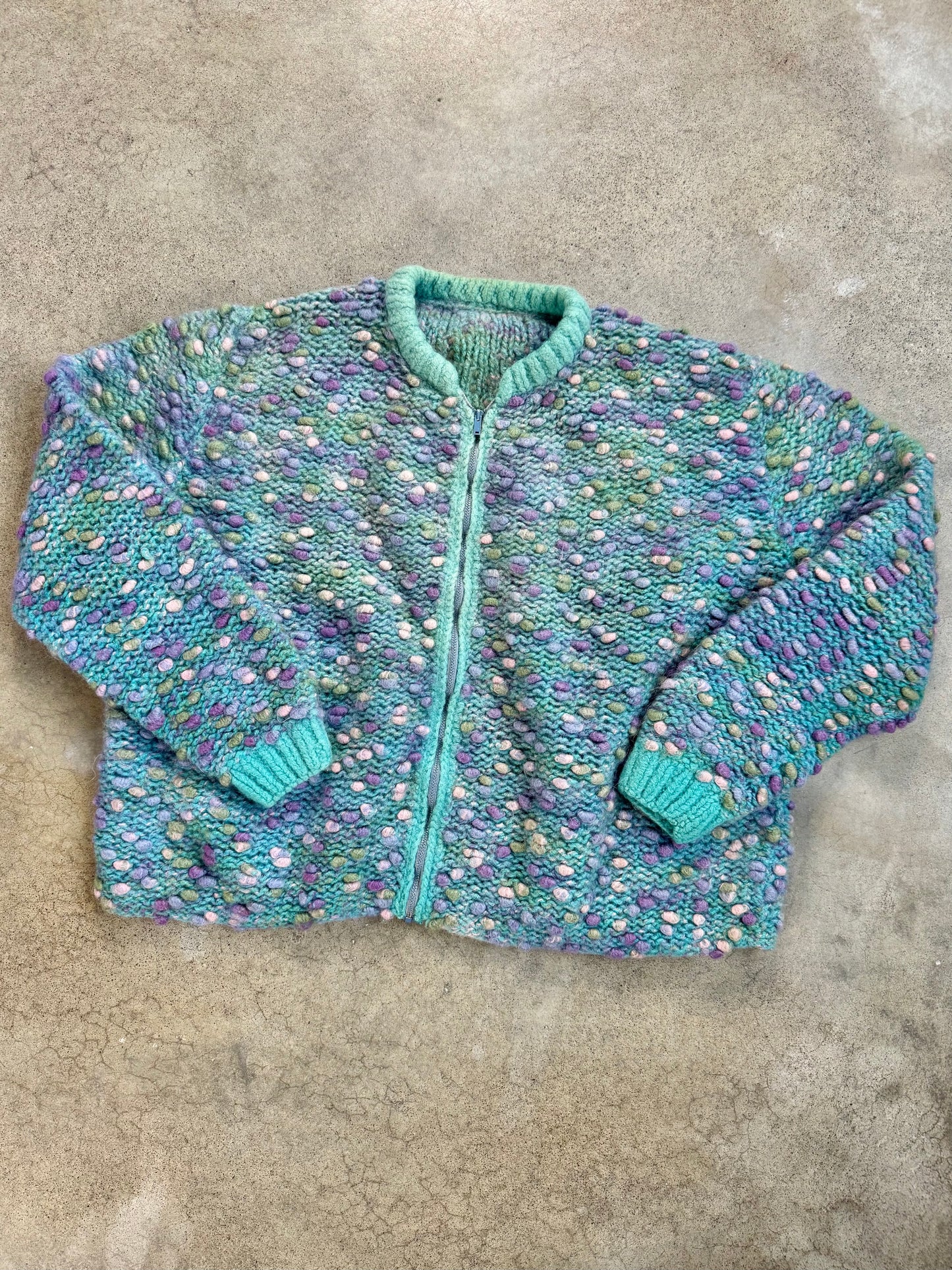 Vintage 1980s Handmade Multi-Color Bobble Knit Zip-Up Sweater | L/XL