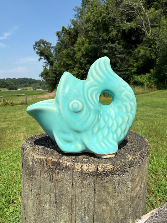Vintage Shawnee Pottery Turquoise Open Mouth Mini Fish Vase