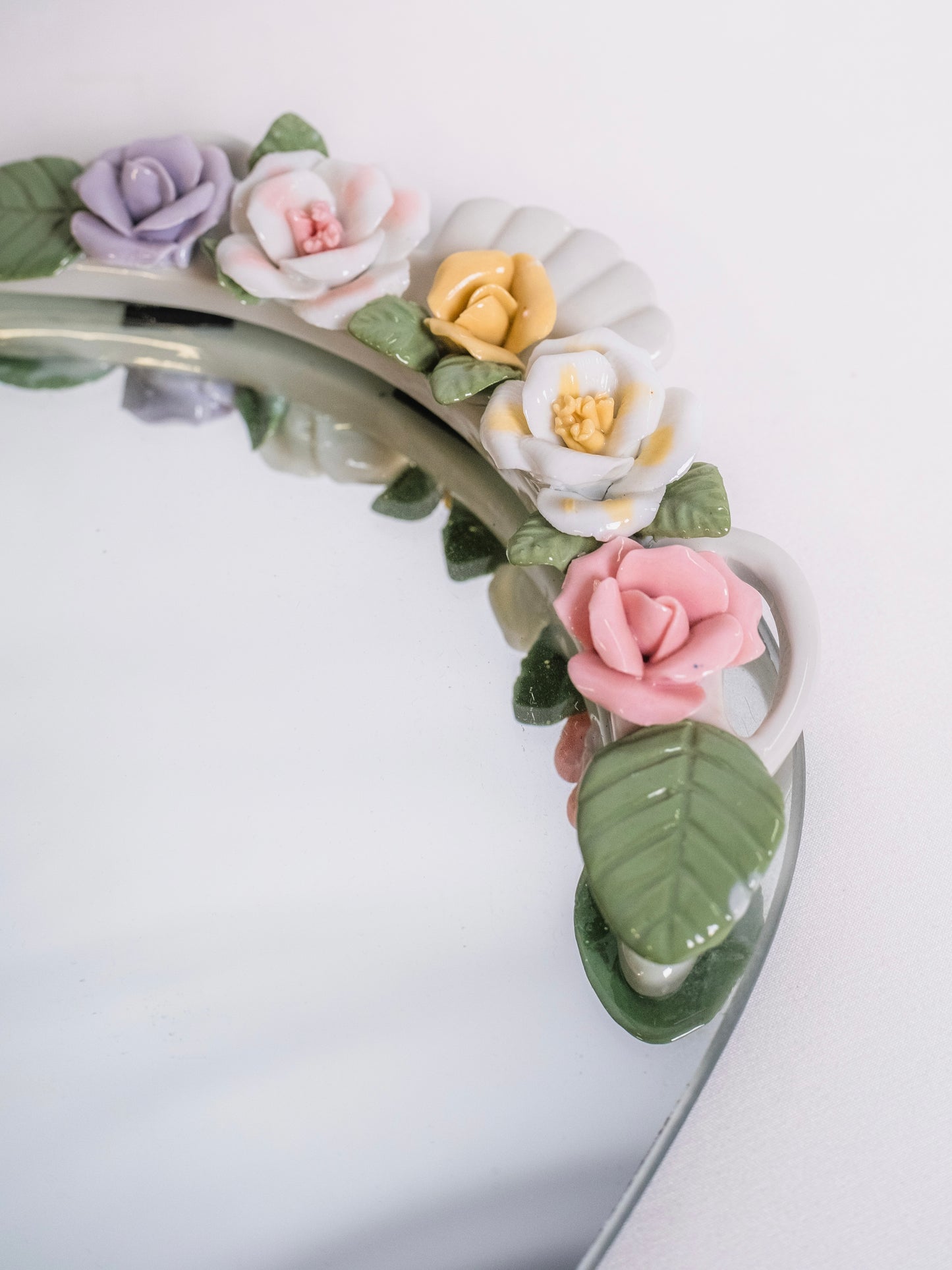 Vintage 1980s Oval Porcelain Flower Mirror Vanity Tray