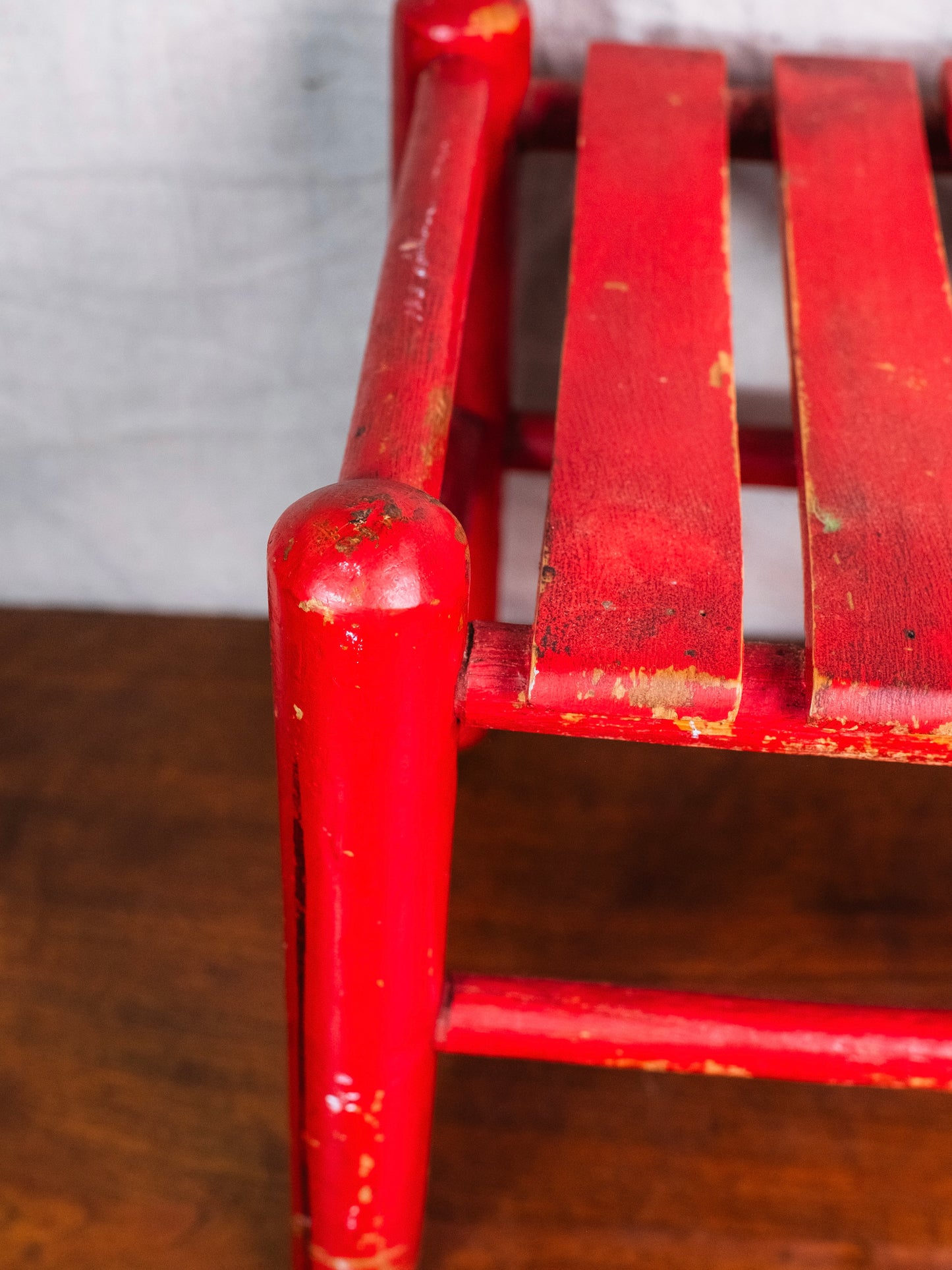 Vintage Farmhouse-Style Red Wood Slat Footstool